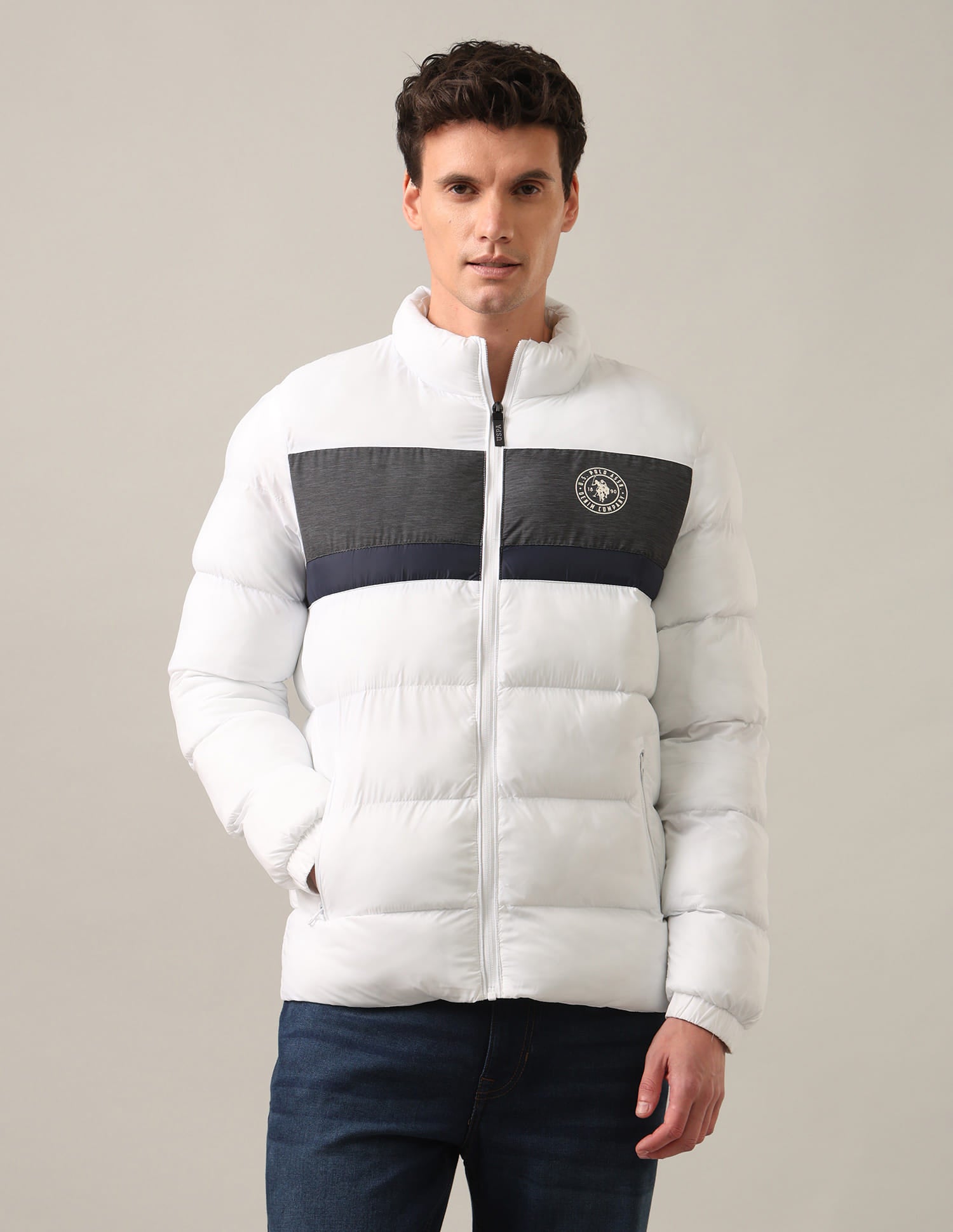 High Neck Colour Block Puffer Jacket White - U.S. Polo Assn. India | Large