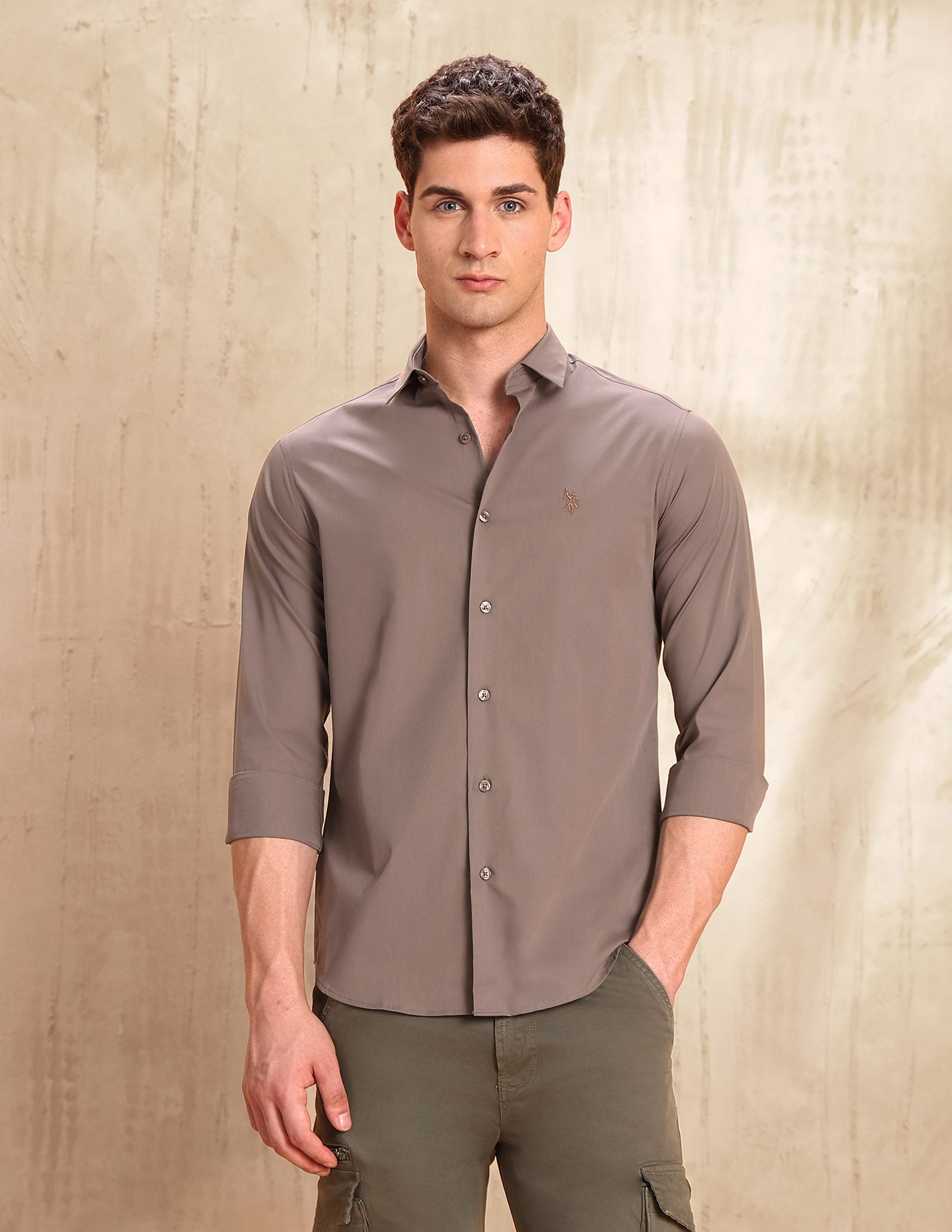 Tailored Fit Solid Shirt Light Brown - U.S. POLO ASSN. | Large