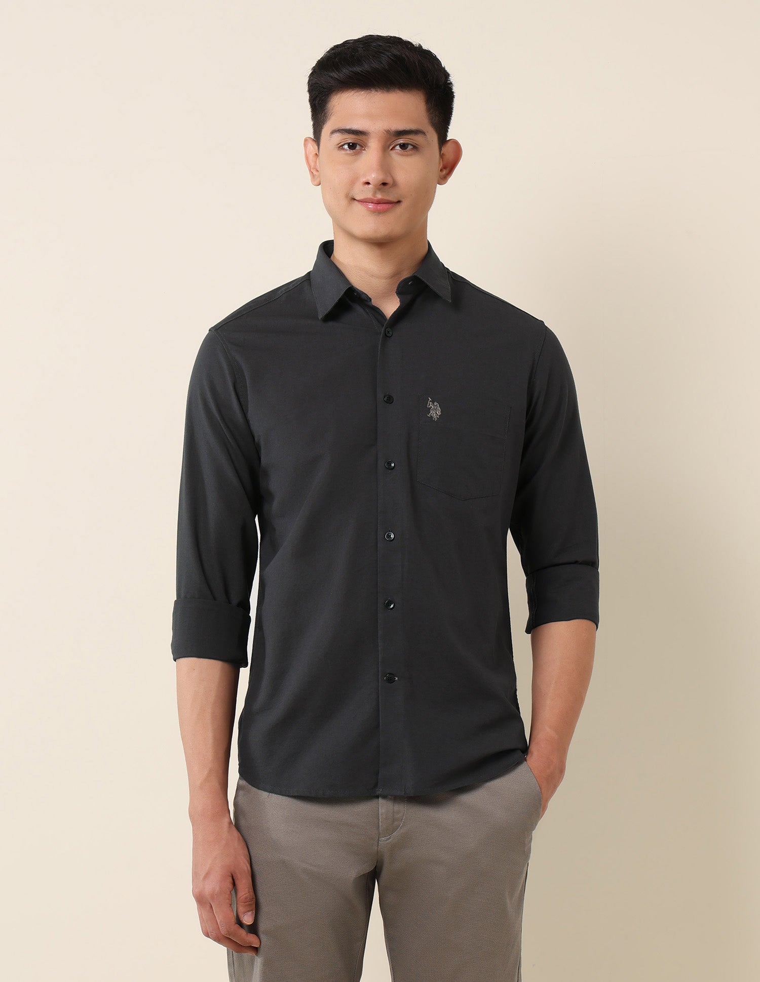 Tailored Fit Twill Shirt Dark Grey - U.S. Polo Assn. India | Large