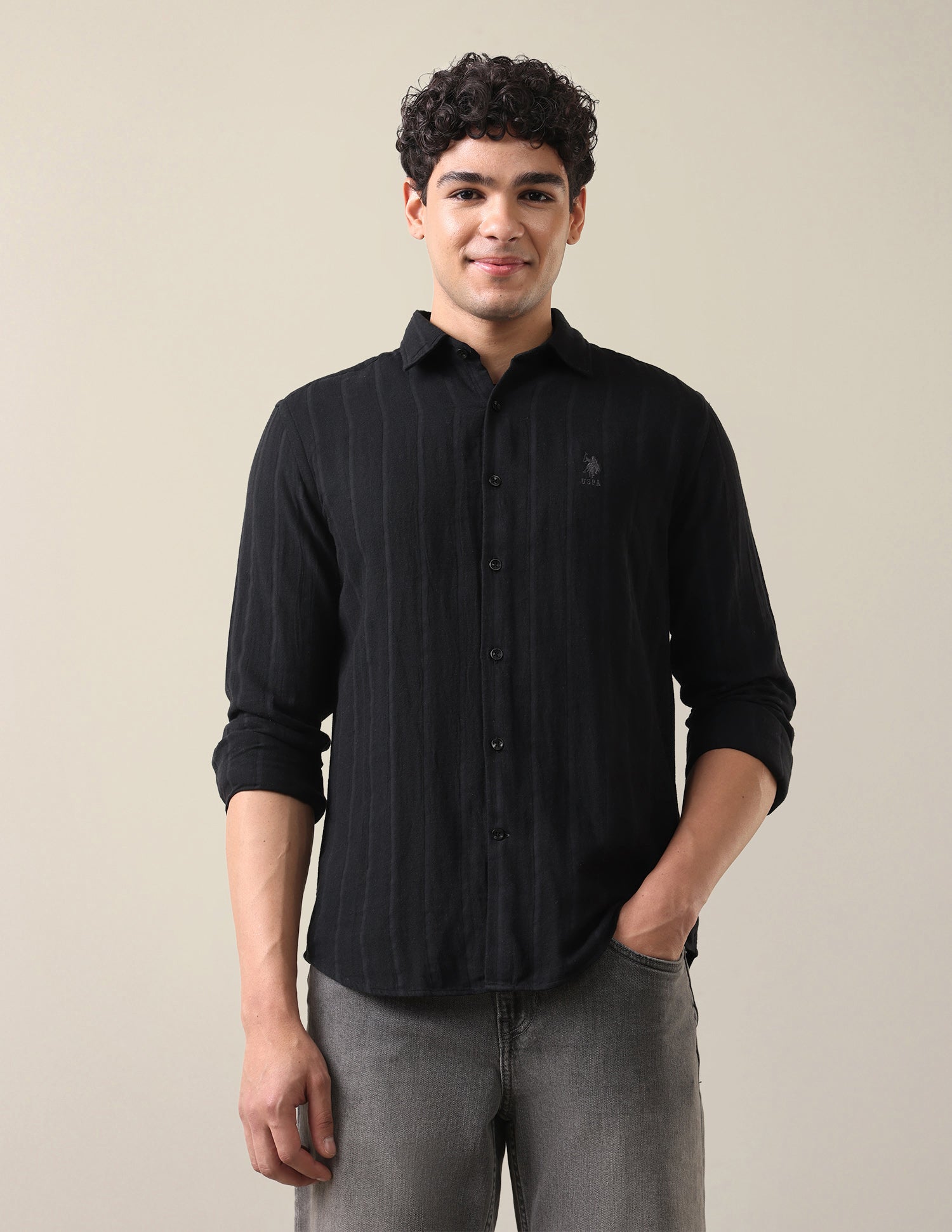 Self Design Vertical Striped Regular Fit Shirt Black - U.S. Polo Assn. India | Large