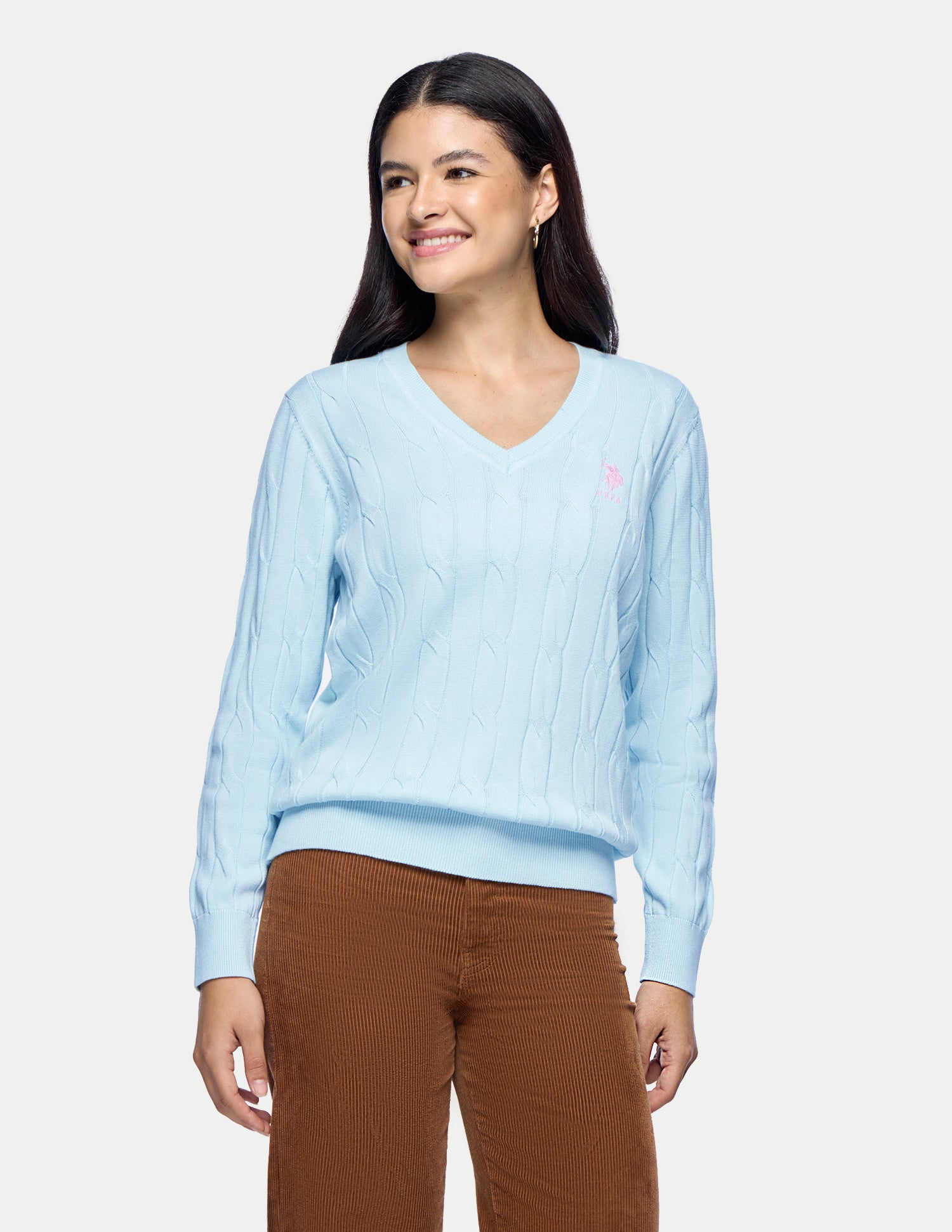 Cable Patterned Knit Regular Fit Sweater Light Blue - U.S. Polo Assn. India | Large