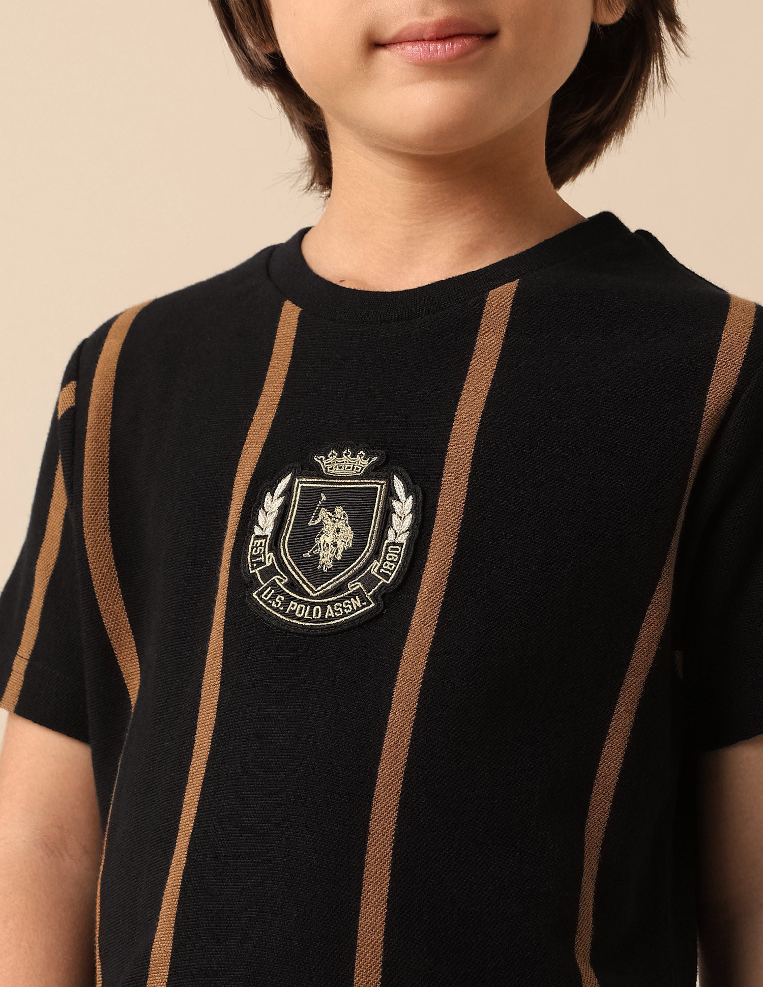 Boys Vertical Striped Pure Cotton T Shirt Black - U.S. POLO ASSN. | Large