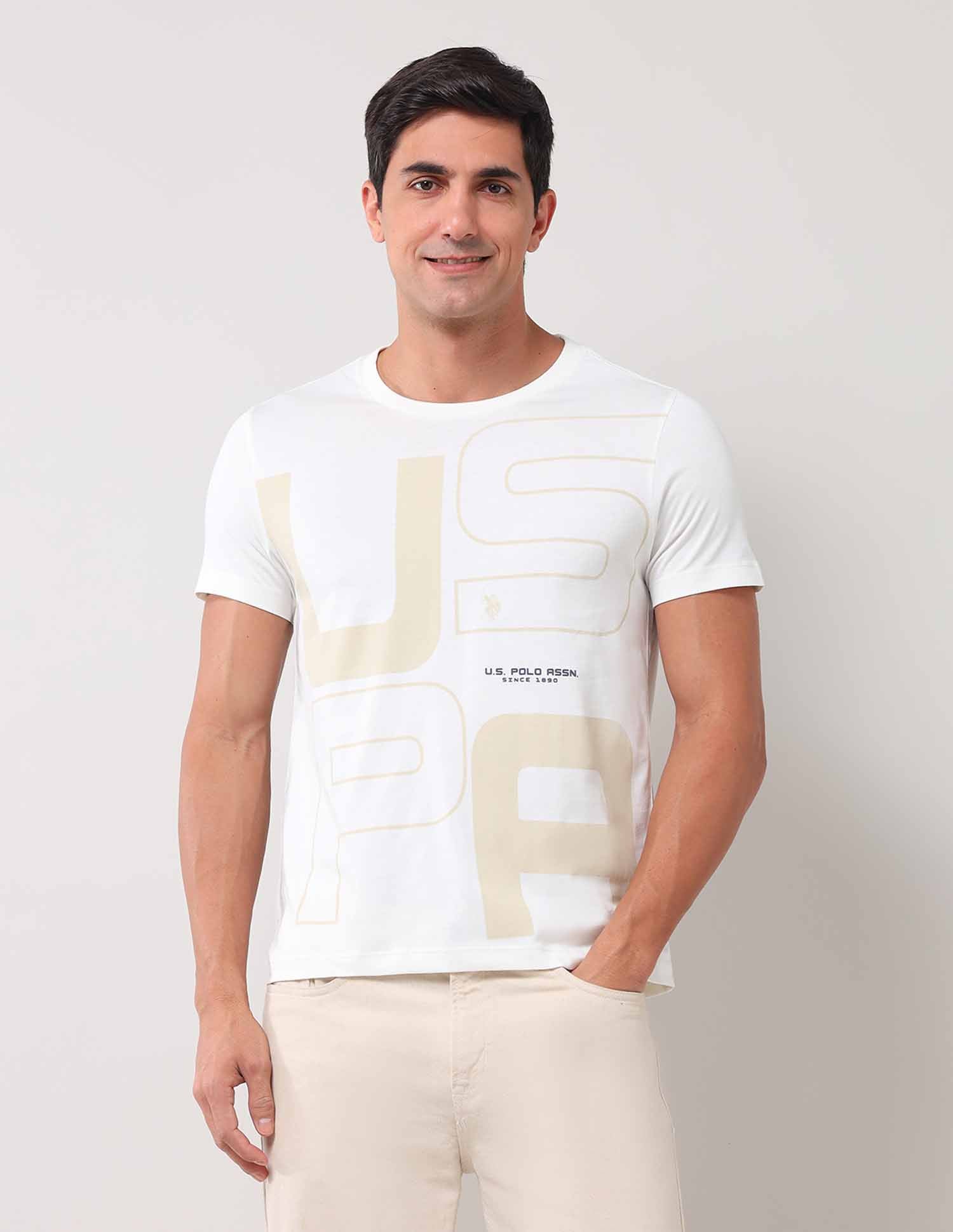Brand Printed Muscle Fit T-Shirt Ivory - U.S. Polo Assn. India | Large
