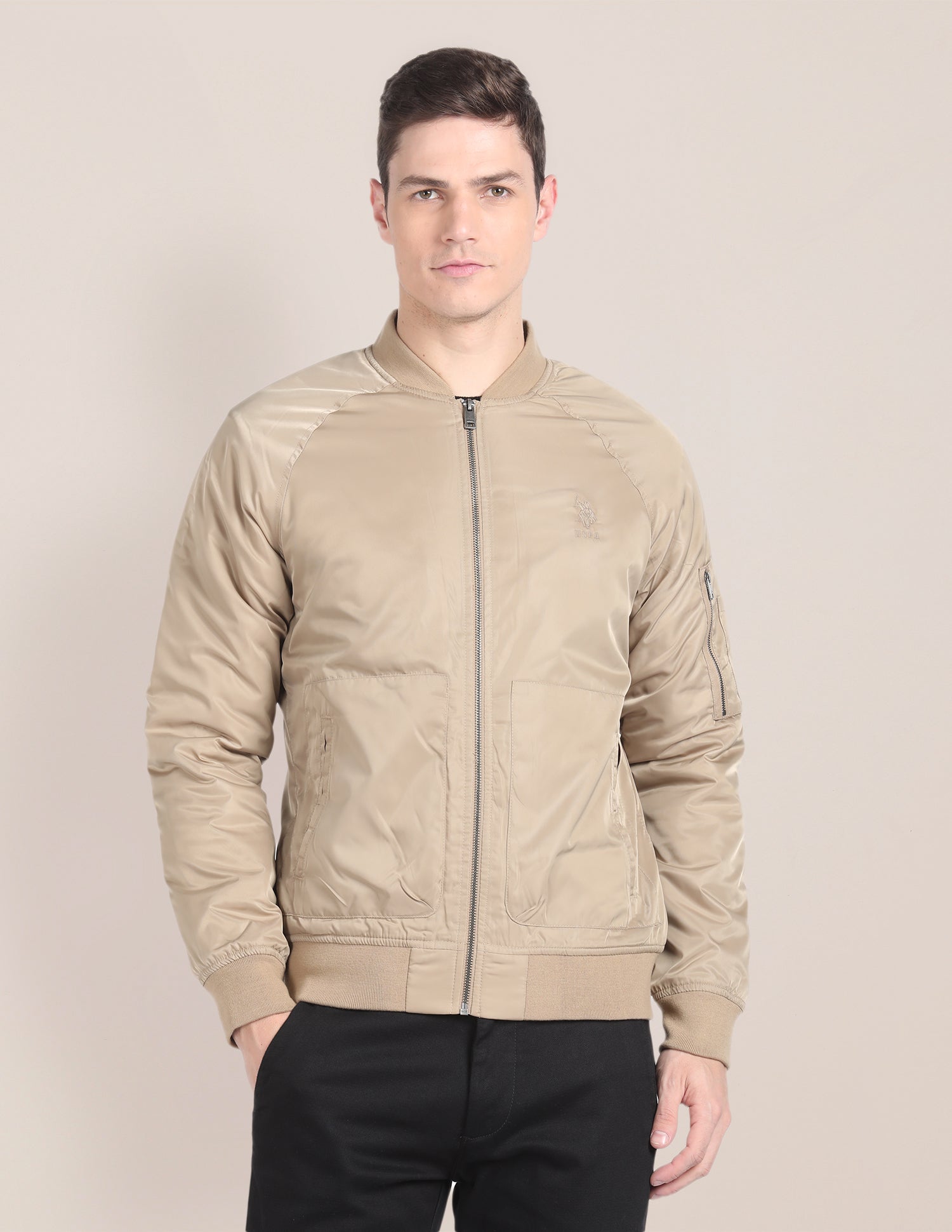 Solid Stand Collar Bomber Jacket Beige - U.S. Polo Assn. India | Large
