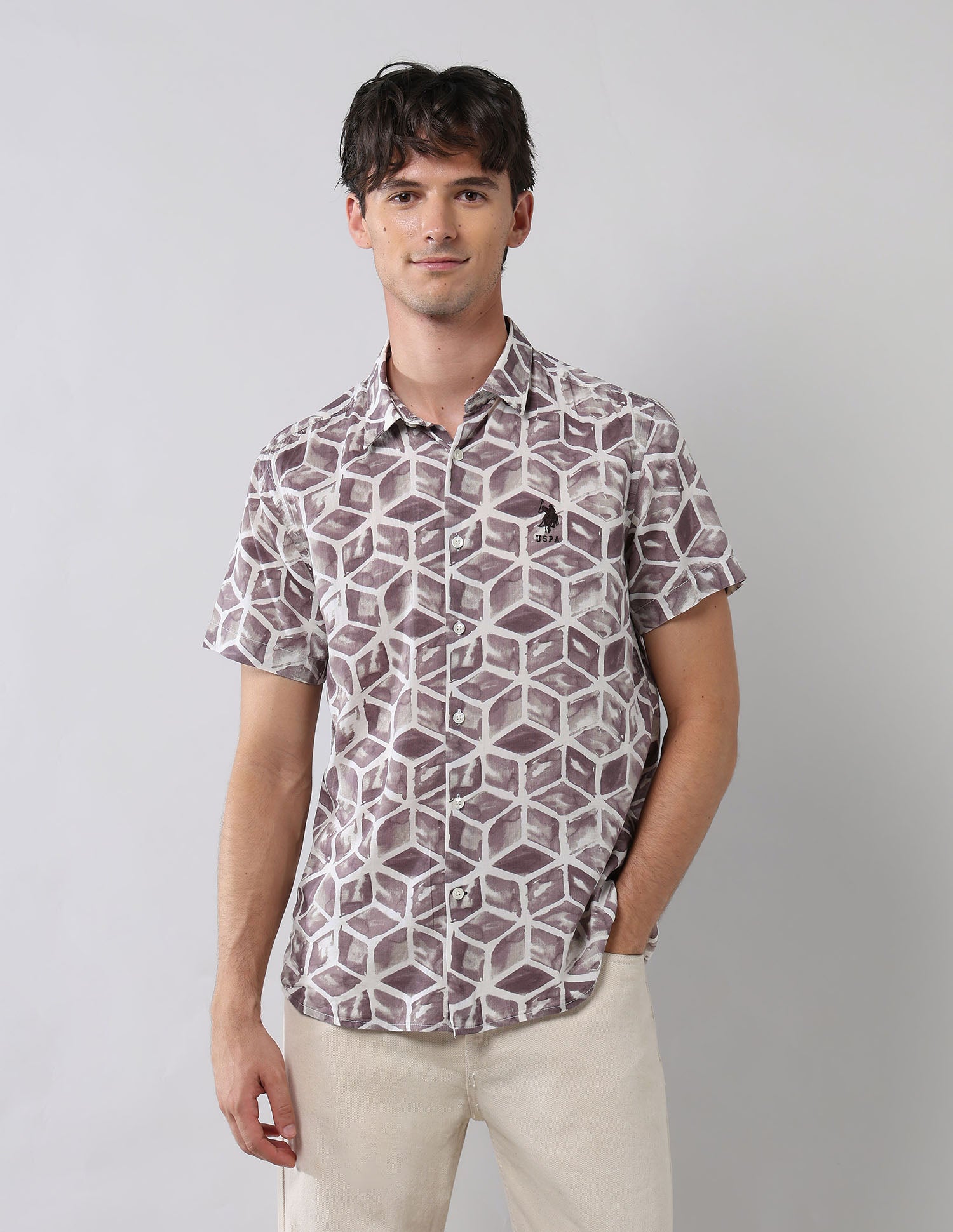Geometric Printed Regular Fit Shirt Brown - U.S. POLO ASSN. | Large