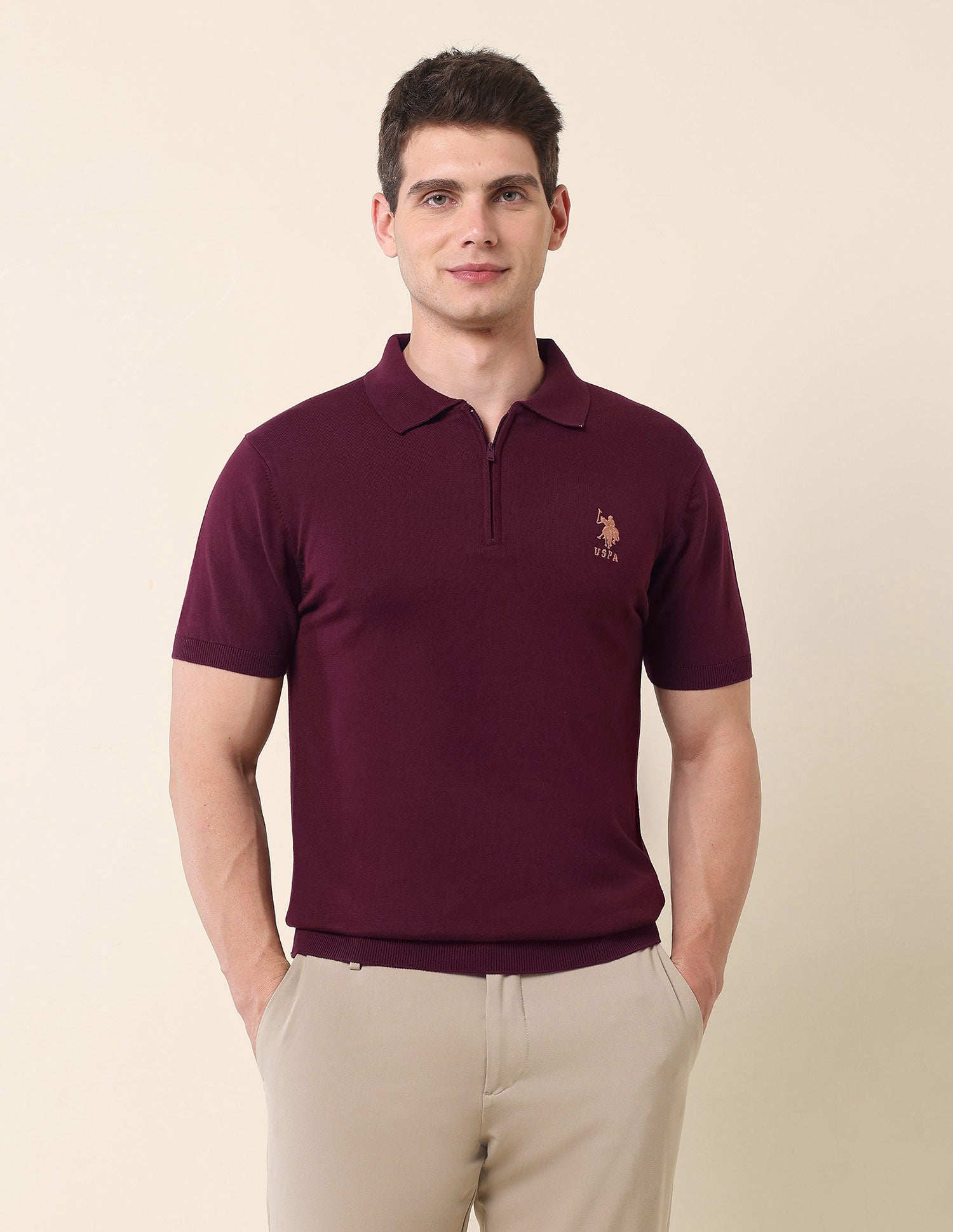 Solid Slim Fit Monochrome Polo Shirt Maroon - U.S. Polo Assn. India | Large
