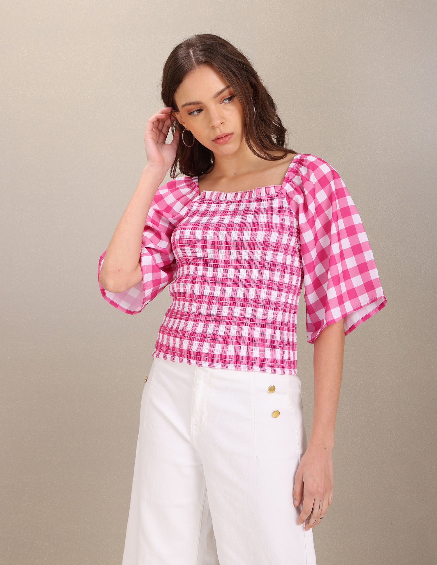 Square Neck Gingham Check Smocked Top Fuchsia - U.S. POLO ASSN. | Large