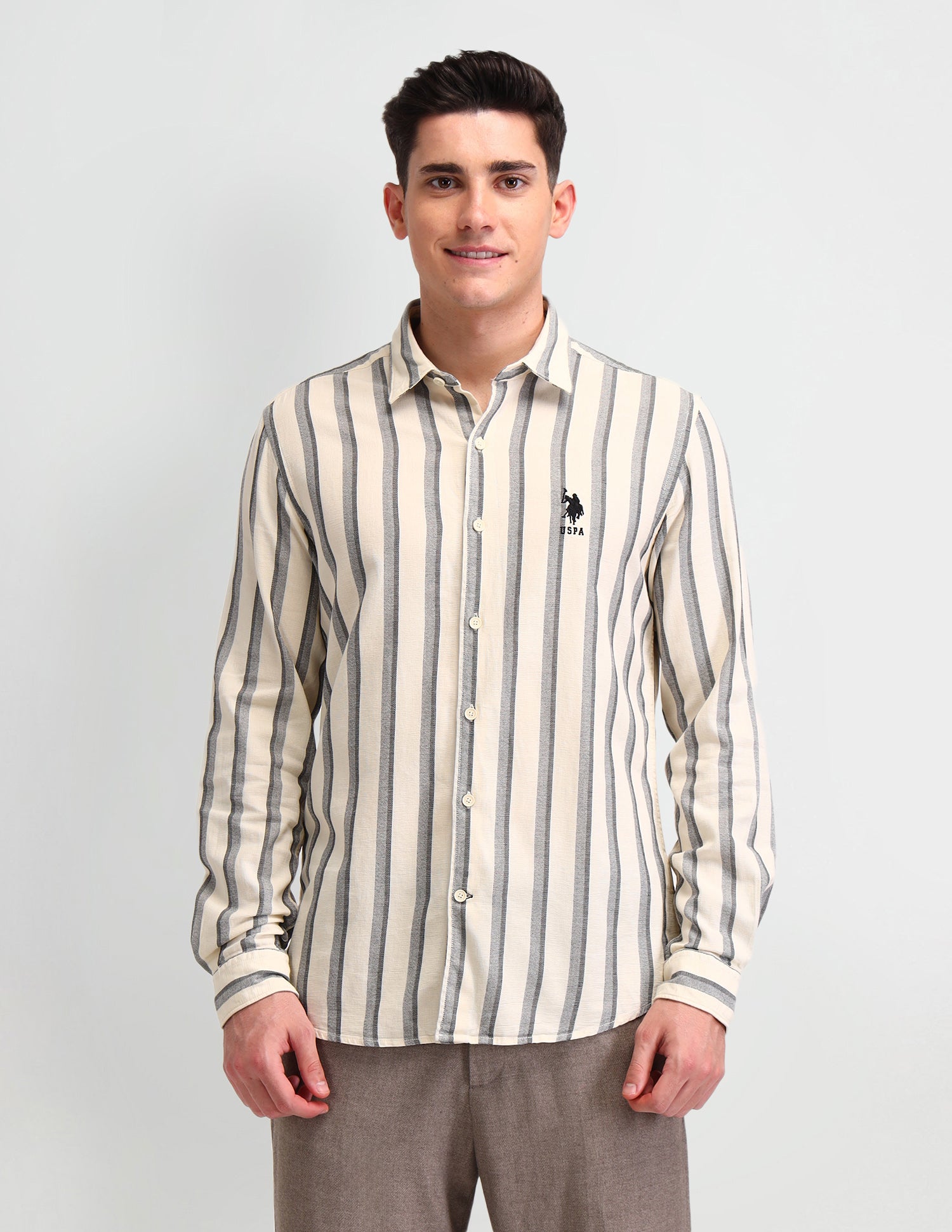 Vertical Striped Slim Fit Shirt Ivory - U.S. Polo Assn. India | Large