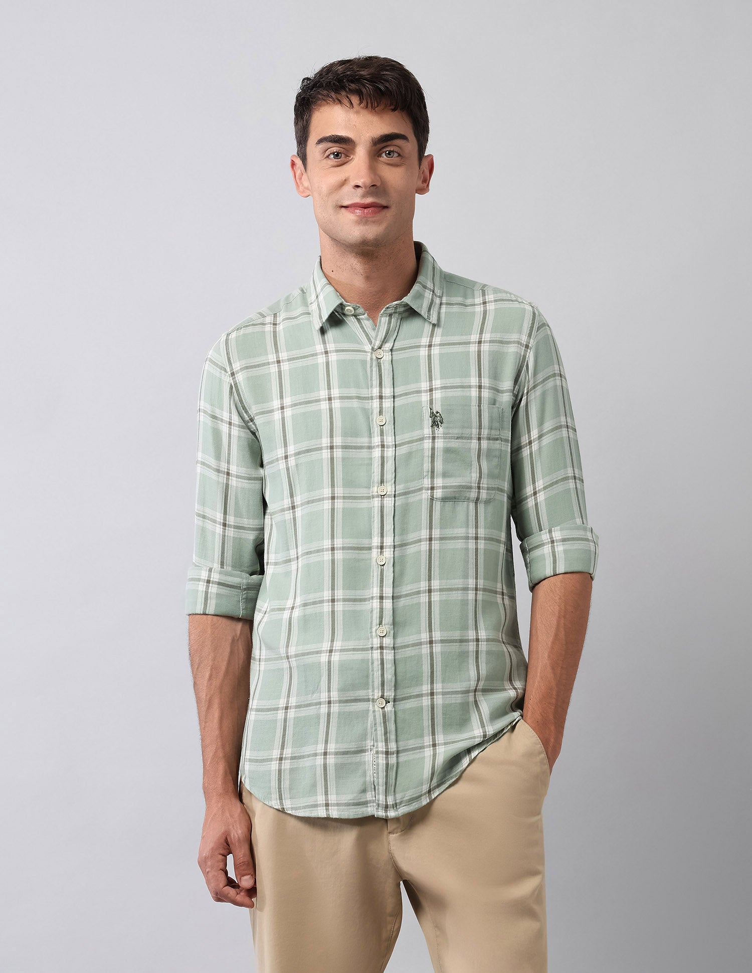 Tartan Checked Pure Cotton Shirt Light Green - U.S. Polo Assn. India | Large