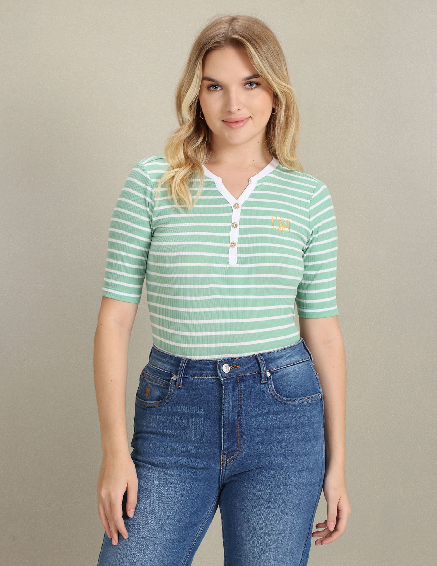 Horizontal Stripe Ribbed T-Shirt Light Green - U.S. POLO ASSN. | Large
