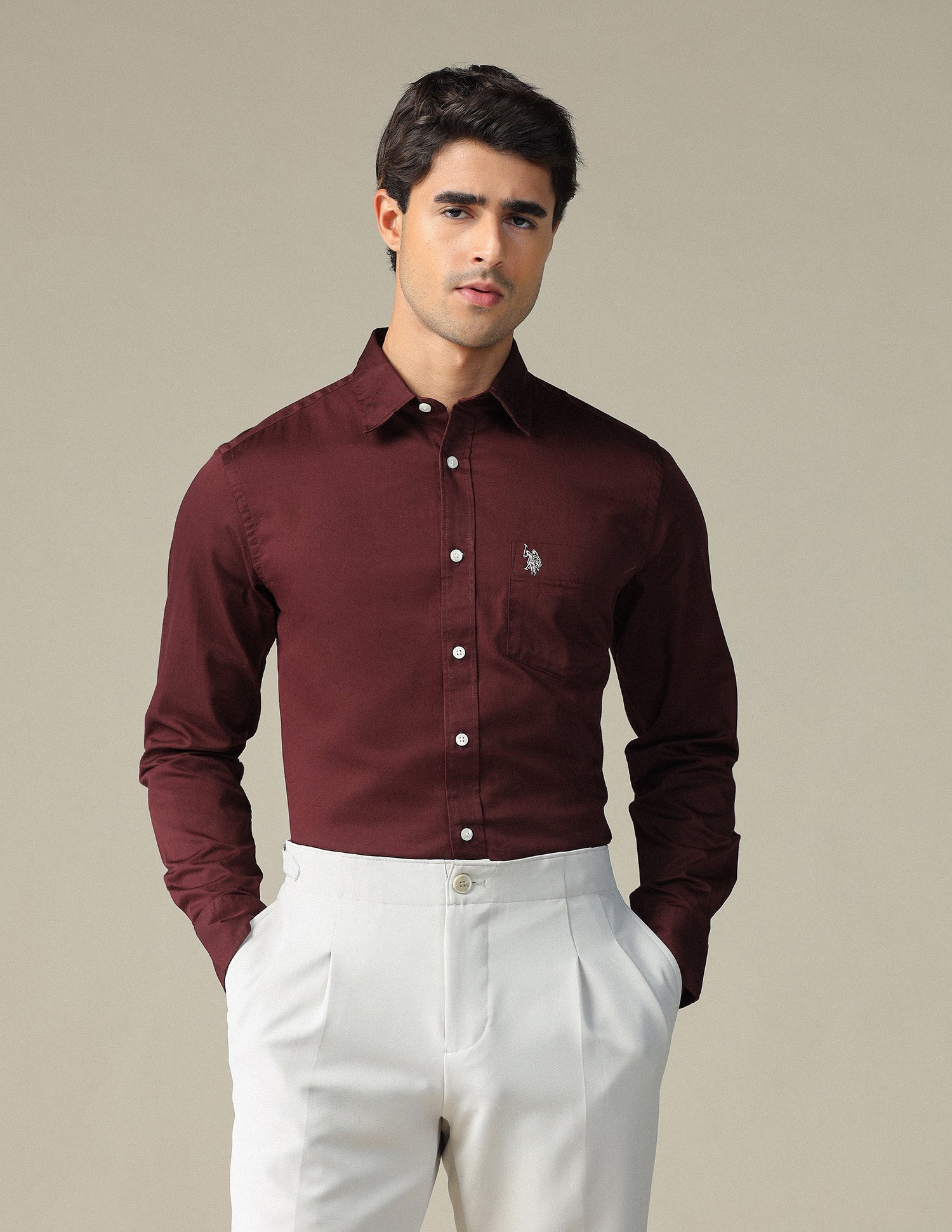 Pure Cotton Tailored Fit Shirt Maroon - U.S. POLO ASSN. | Large