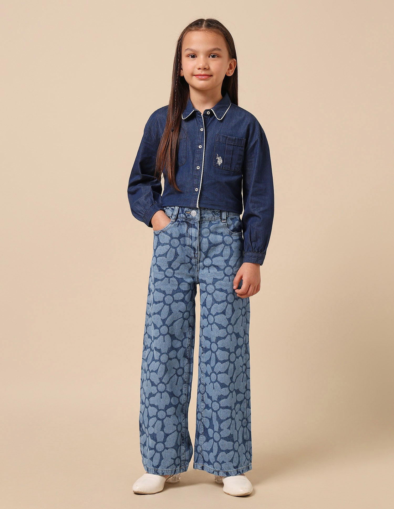 Girls Floral Laser Printed Wide Leg Jeans Blue - U.S. POLO ASSN. | Large