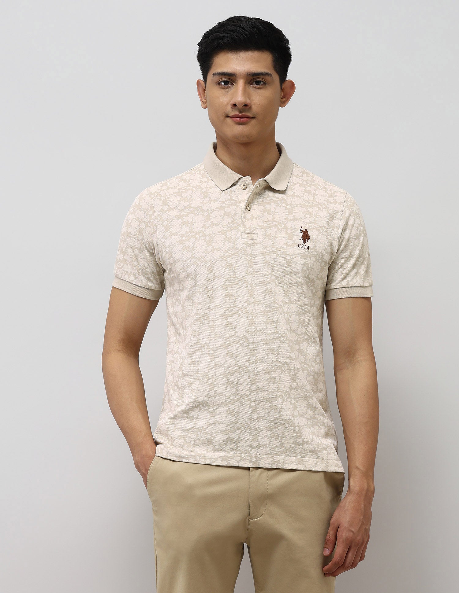 Floral Printed Slim Fit Polo Shirt Beige - U.S. POLO ASSN. | Large