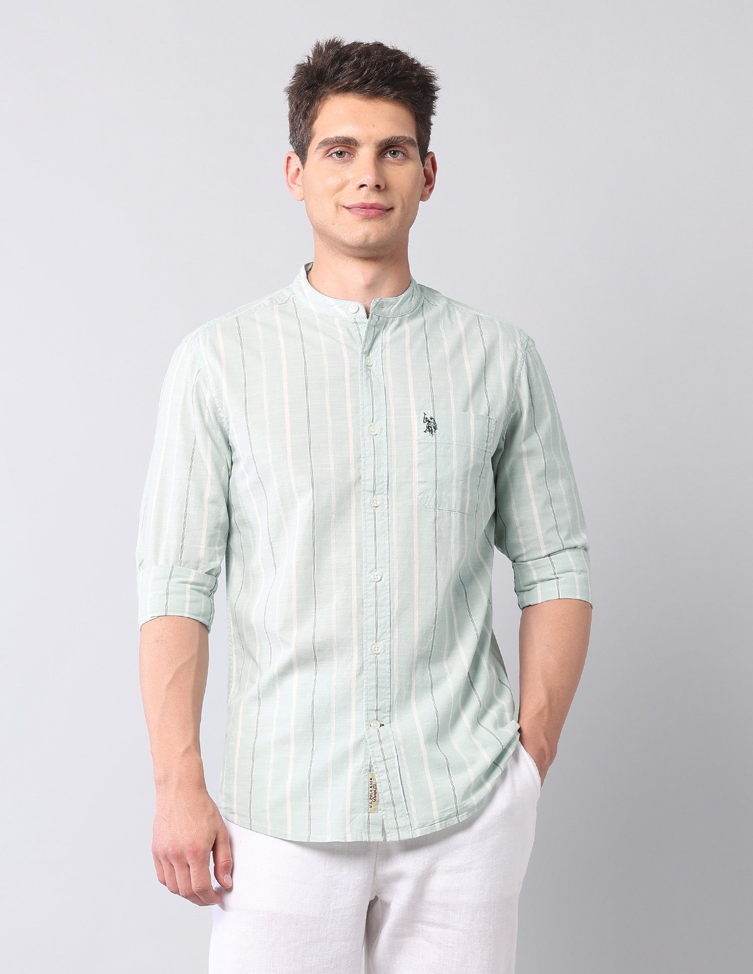 Vertical Striped Pure Cotton Shirt Light Green - U.S. Polo Assn. India | Large