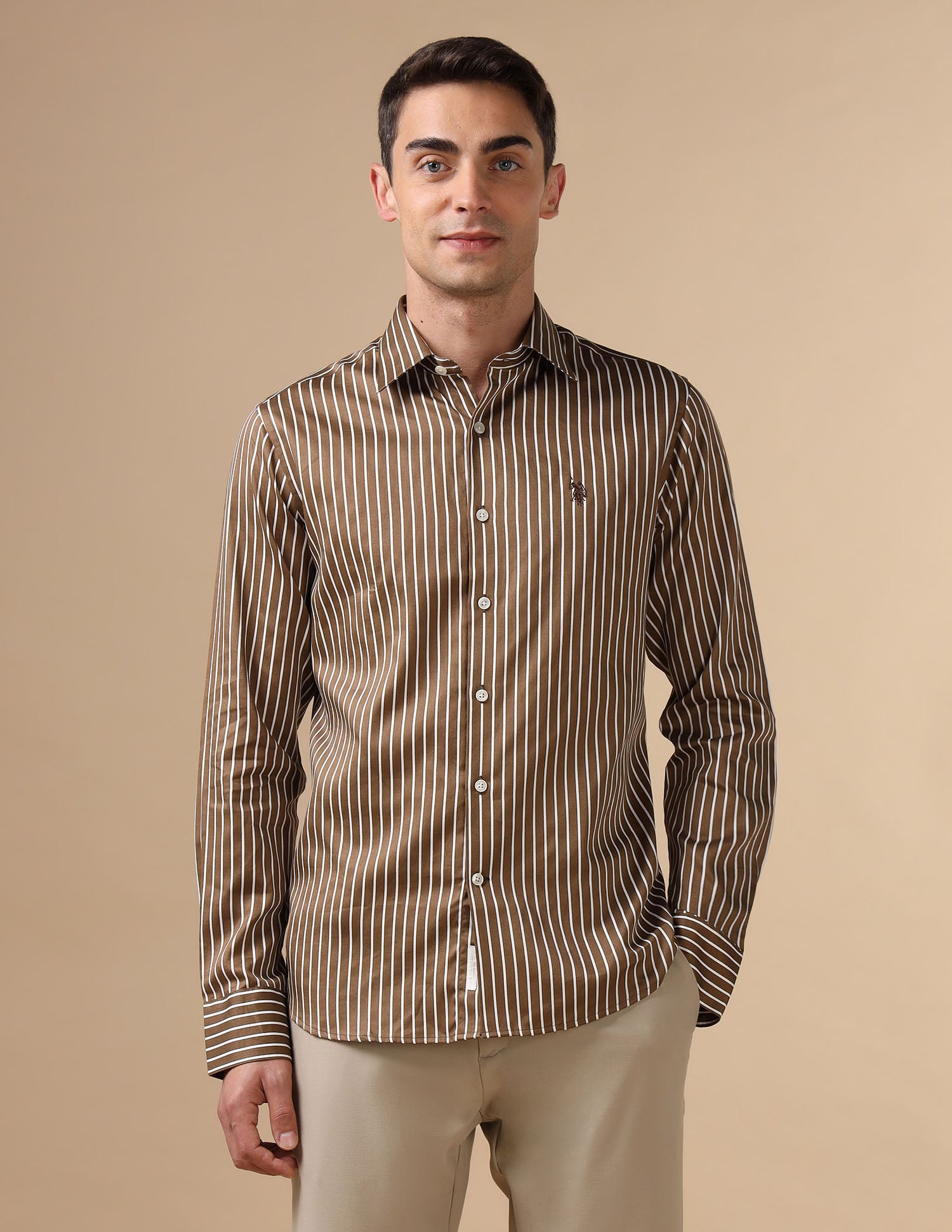 Vertical Striped Pure Cotton Shirt Brown - U.S. POLO ASSN. | Large