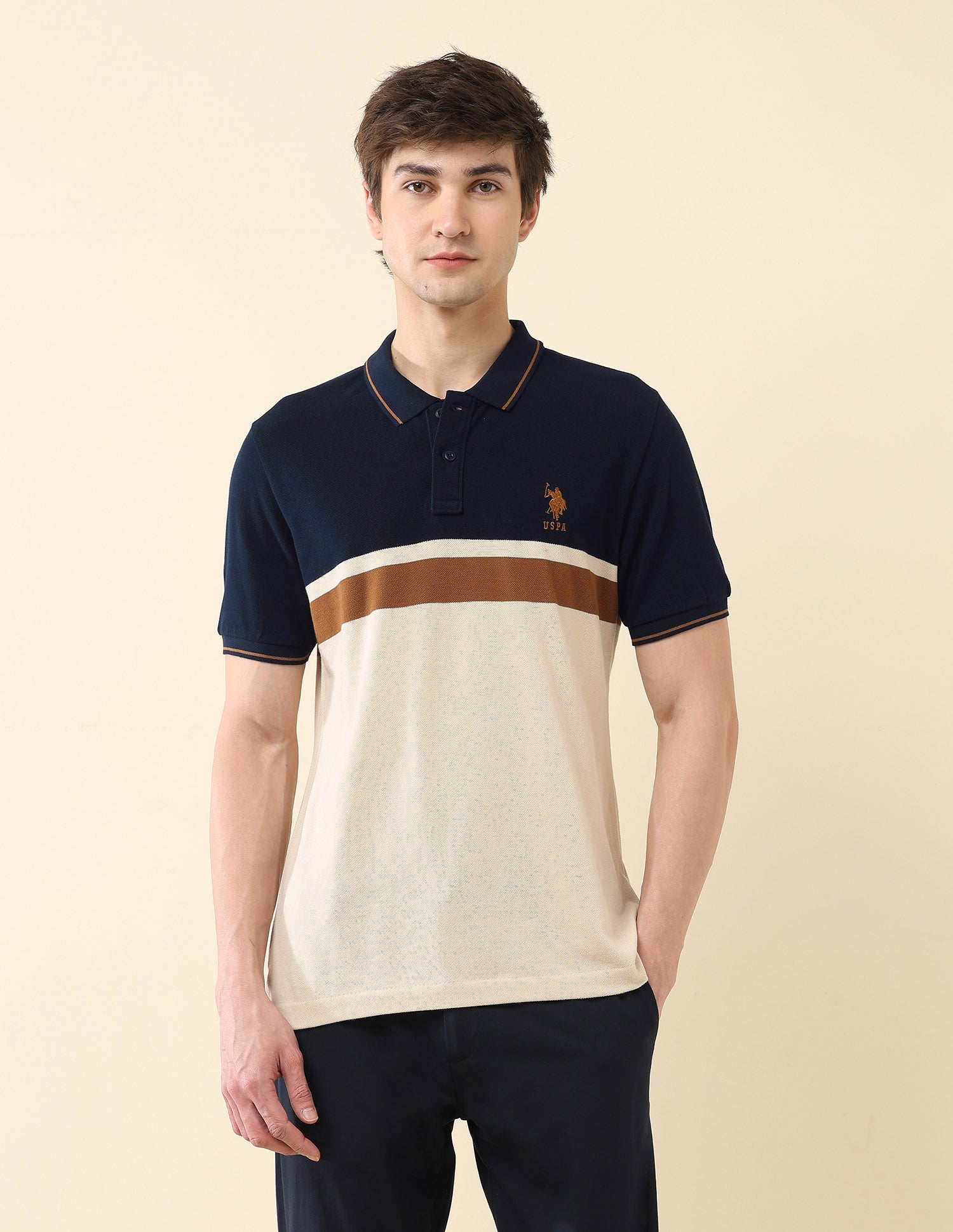 Colourblocked Pure Cotton Gold Cup Polo Shirt Navy - U.S. Polo Assn. India | Large