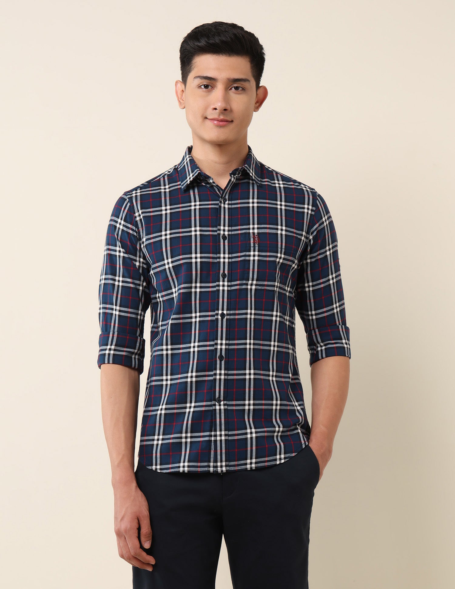 Grid Tattersall Checked Pure Cotton Shirt Navy Blue - U.S. Polo Assn. India | Large
