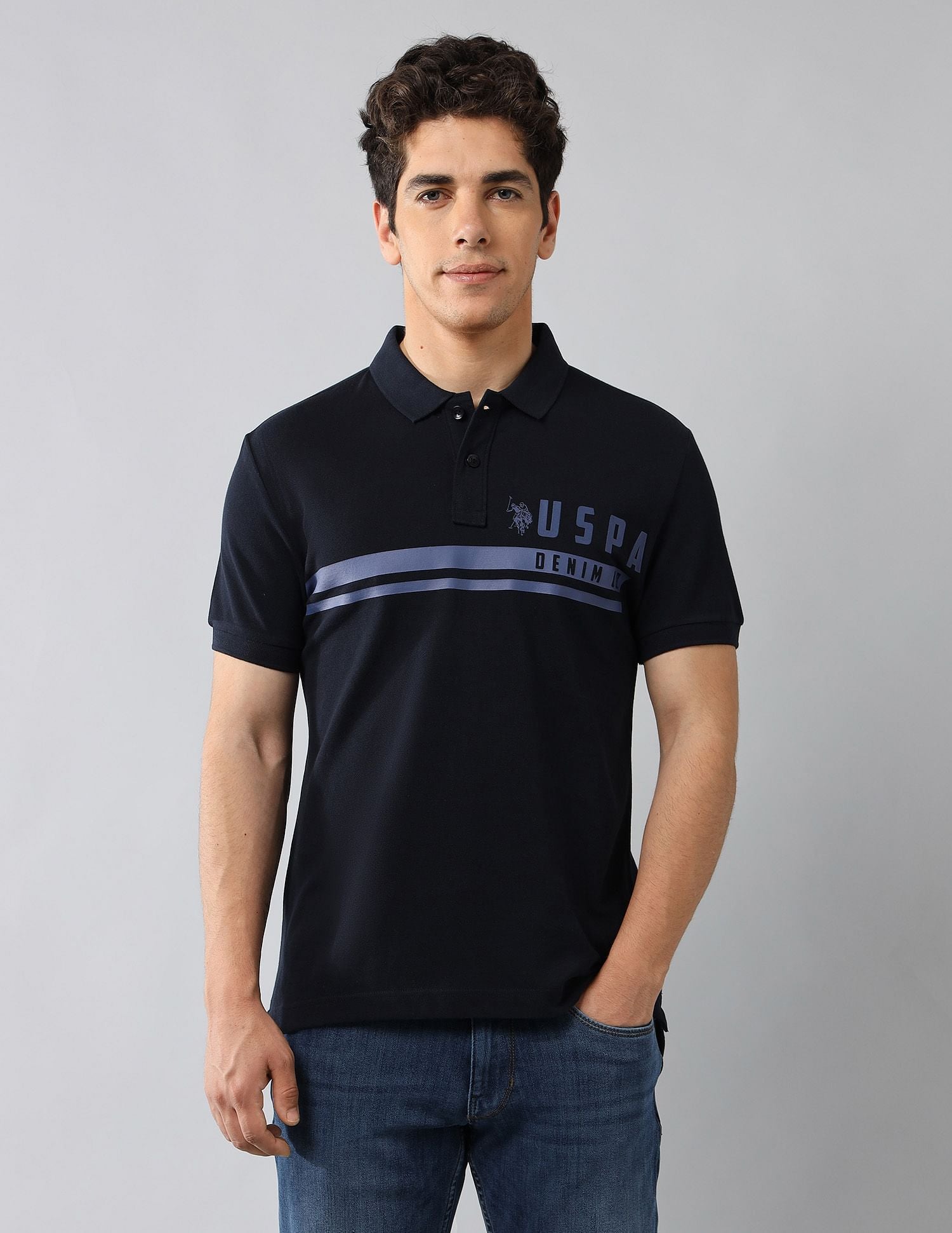 Brand Printed Muscle Fit Polo Shirt Navy - U.S. POLO ASSN. | Large