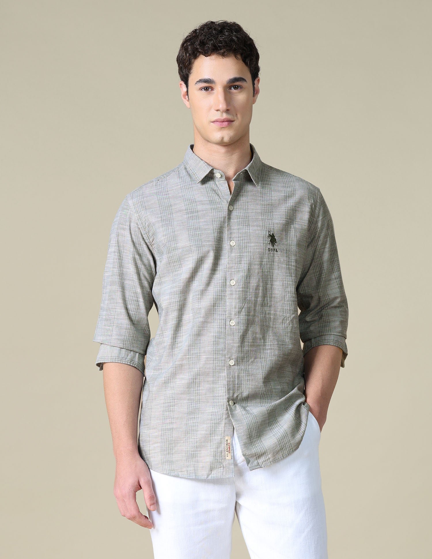 Vertical Striped Regular Fit Shirt Light Olive - U.S. Polo Assn. India | Large