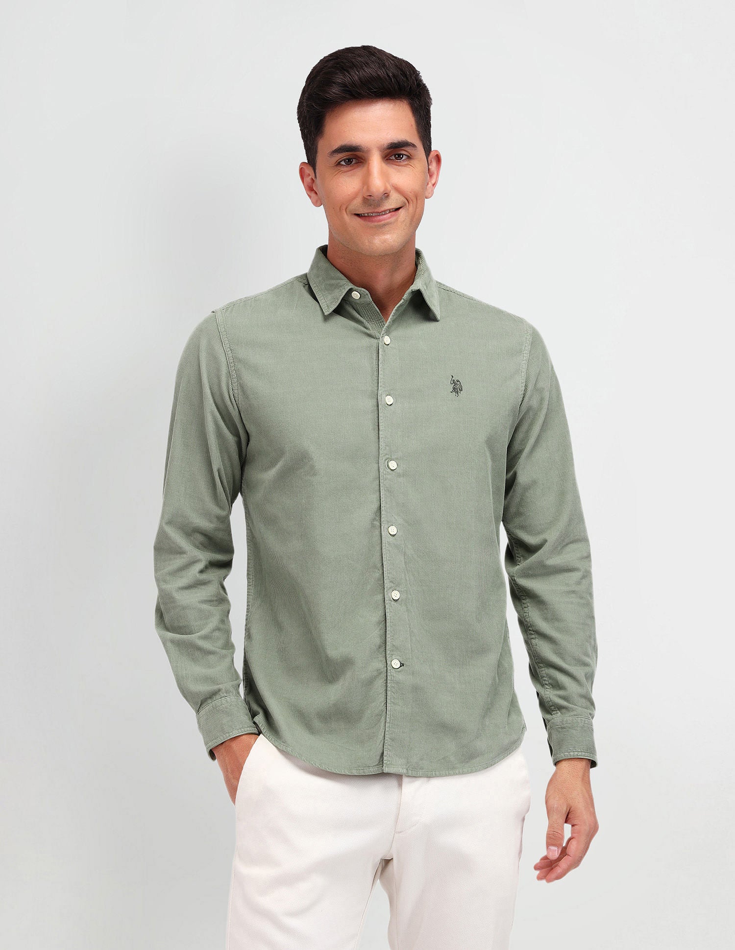 Slim Fit Corduroy Shirt Light Green - U.S. Polo Assn. India | Large