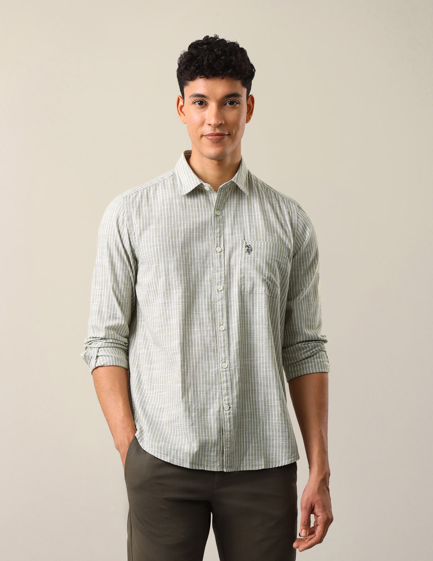 Vertical Striped Regular Fit Shirt Light Green - U.S. Polo Assn. India | Large