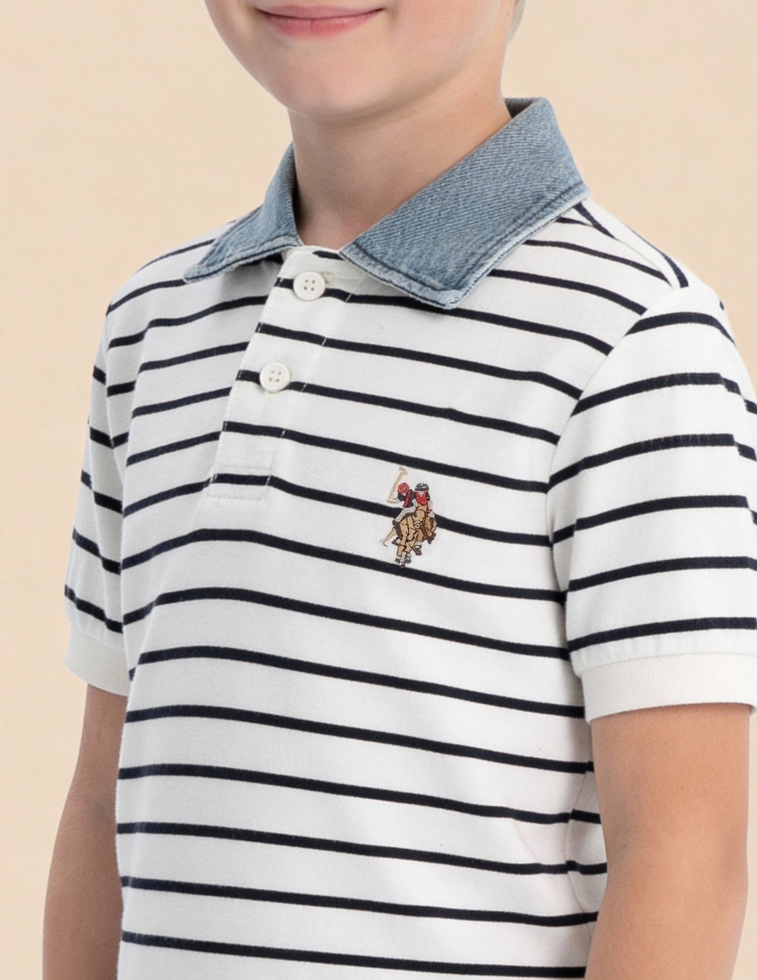 Boys Horizontal Striped Regular Fit Polo Shirt Off White - U.S. Polo Assn. India | Large