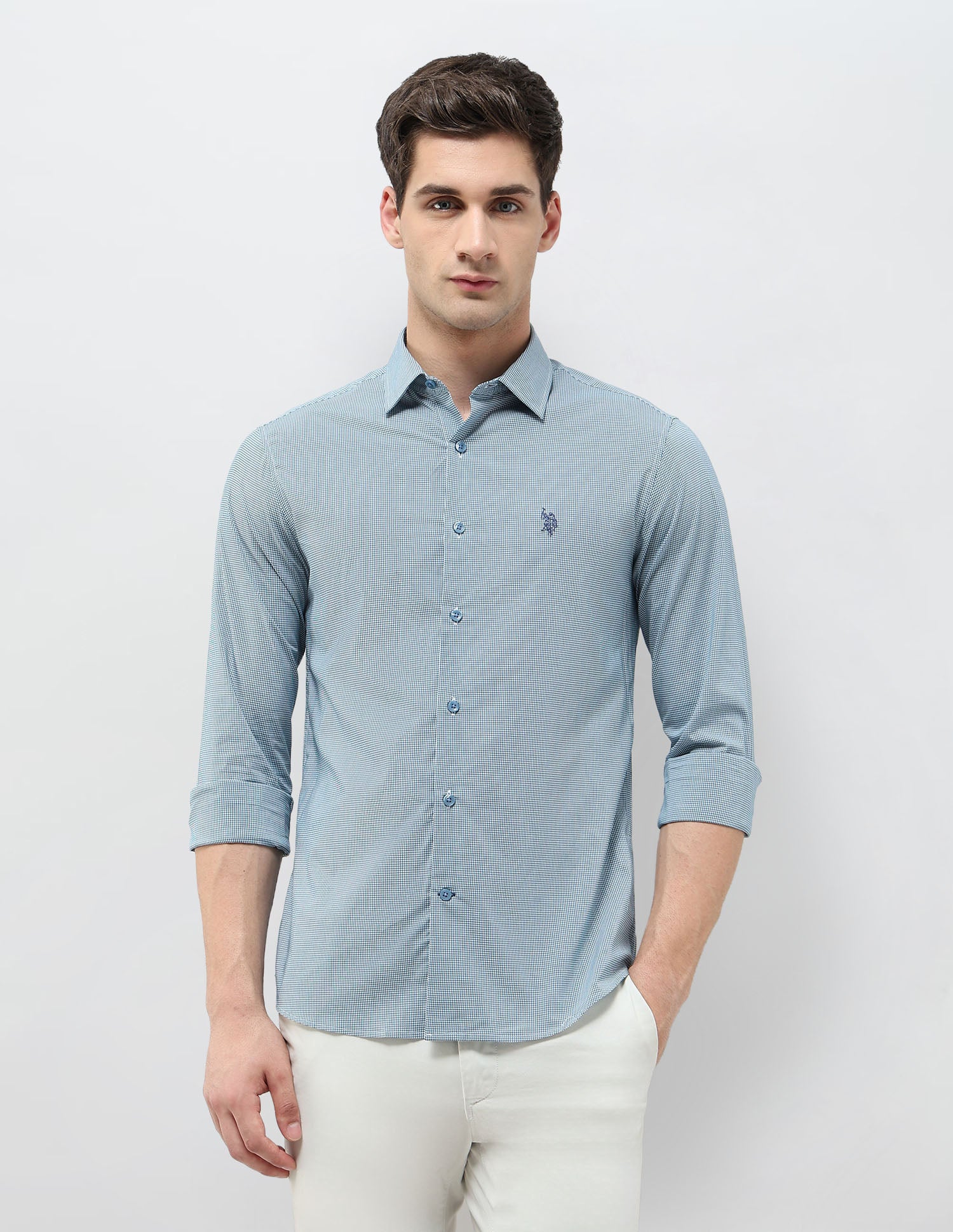 Regular Fit Micro Checked Shirt Teal - U.S. POLO ASSN. | Large