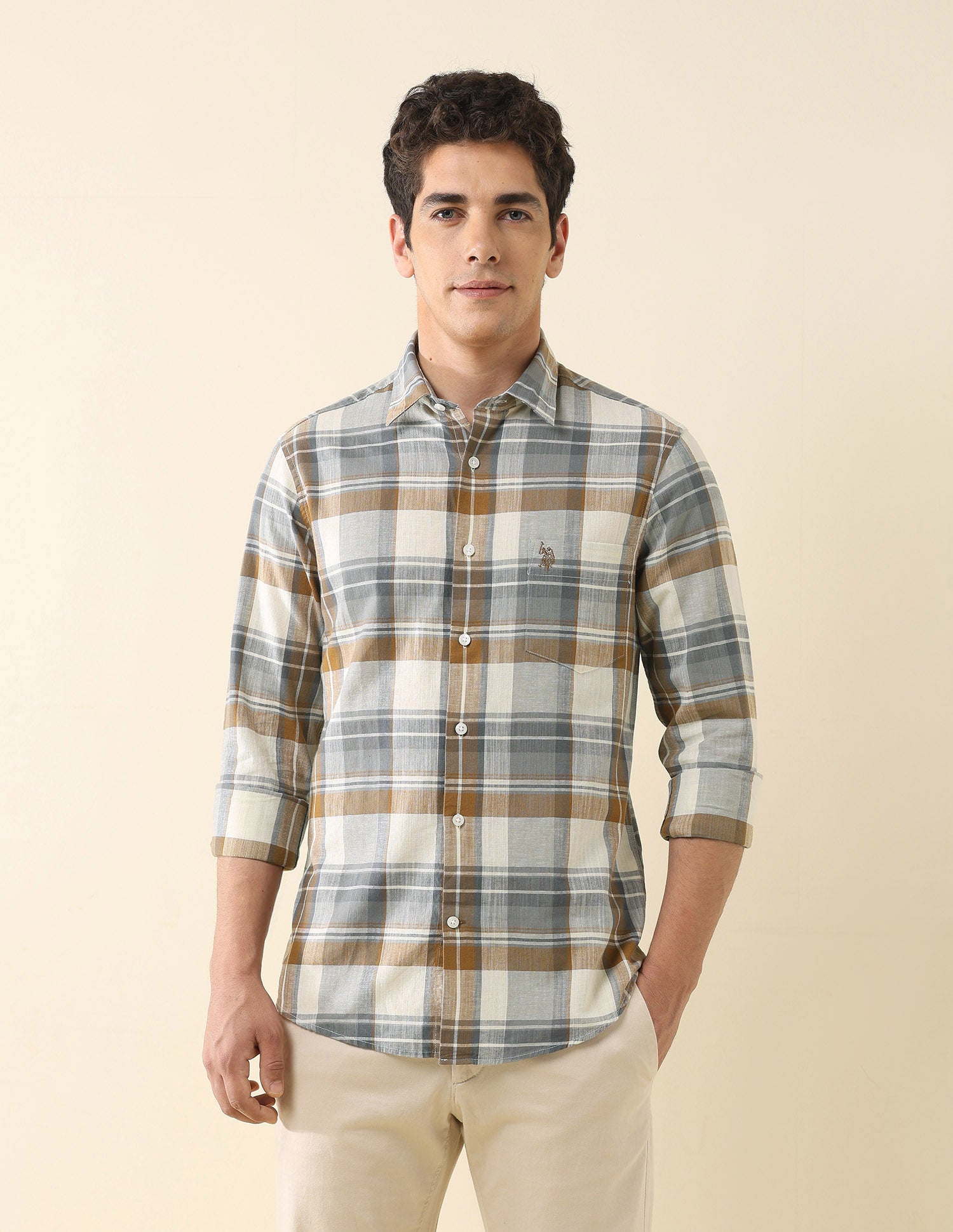 Plaid Checked Tailored Fit Shirt Beige - U.S. Polo Assn. India | Large