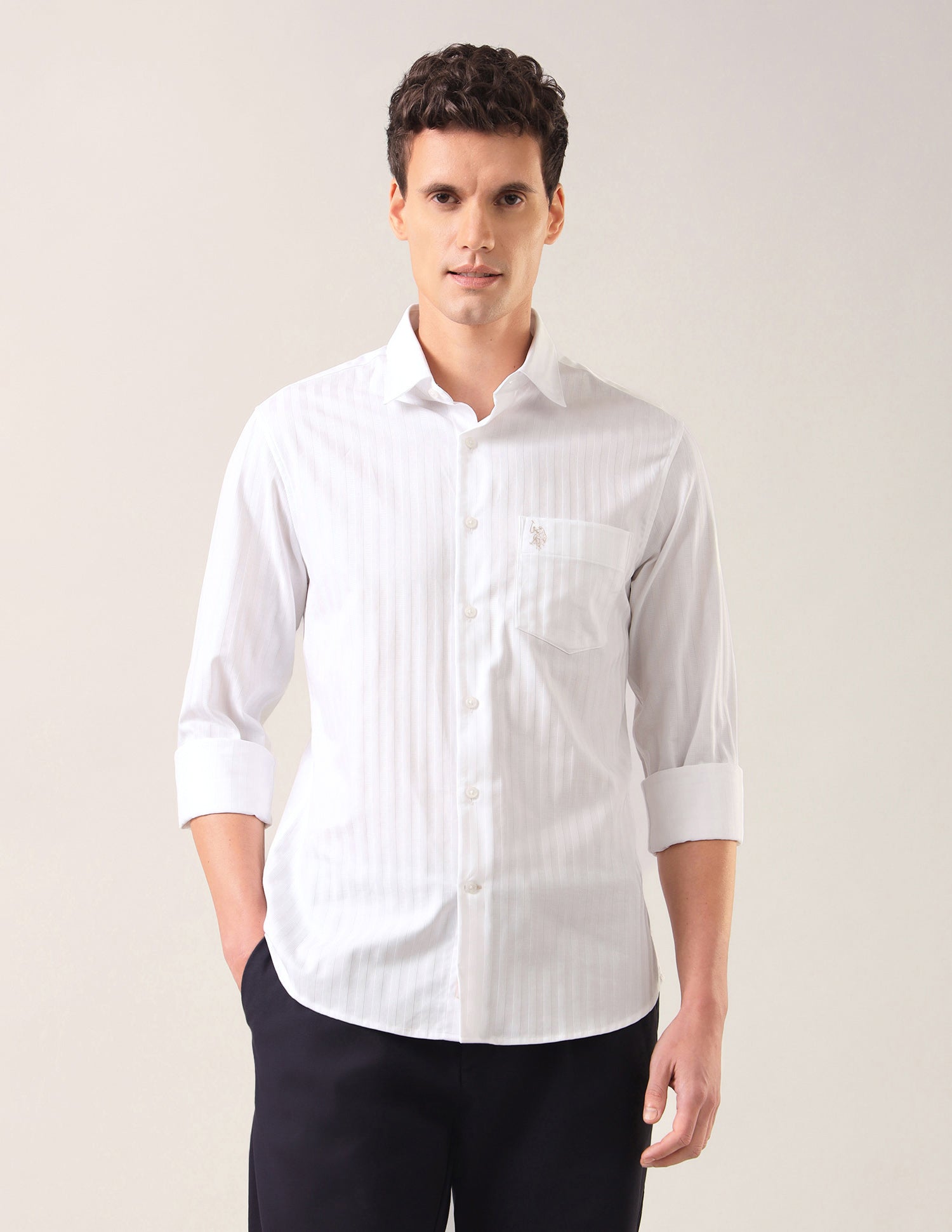 Self Design Vertical Striped Tailored Fit Shirt White - U.S. Polo Assn. India | Large