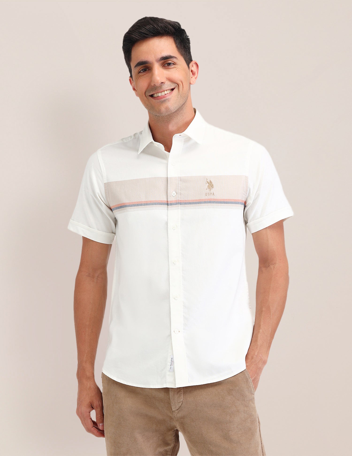Horizontal Striped Regular Fit Shirt Beige - U.S. Polo Assn. India | Large