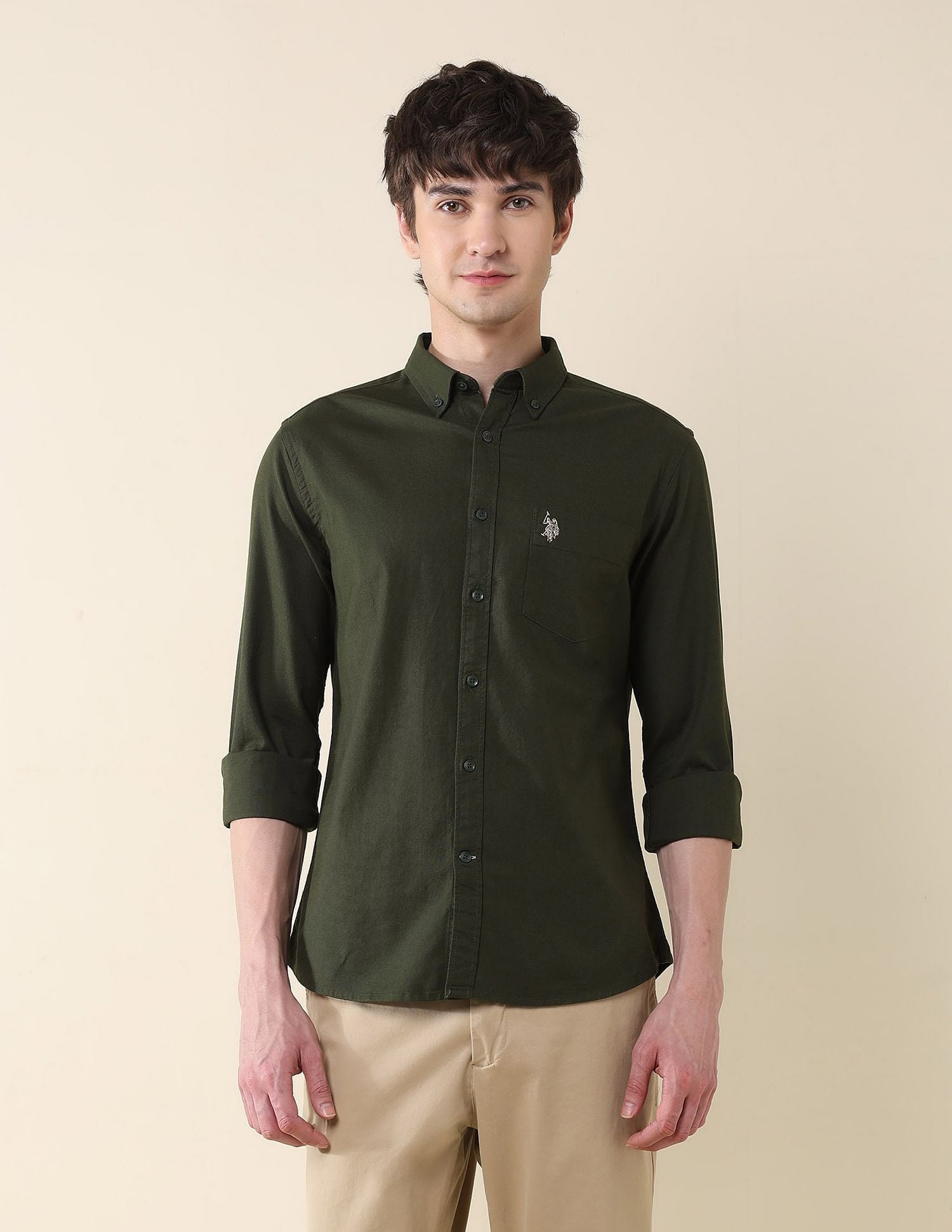 Solid Oxford Stretch Button Down Shirt Dark Green - U.S. Polo Assn. India | Large