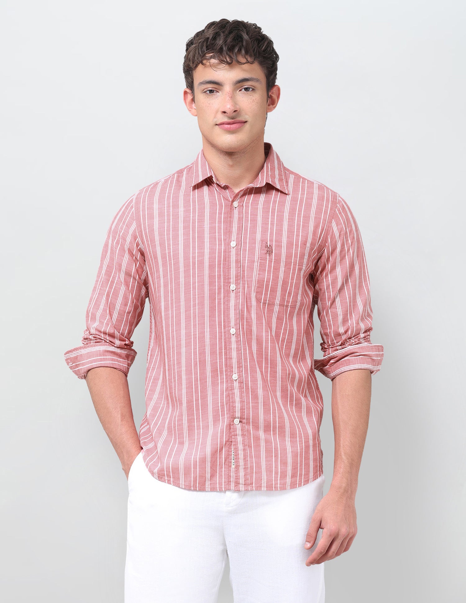 Vertical Striped Regular Fit Shirt Coral - U.S. Polo Assn. India | Large
