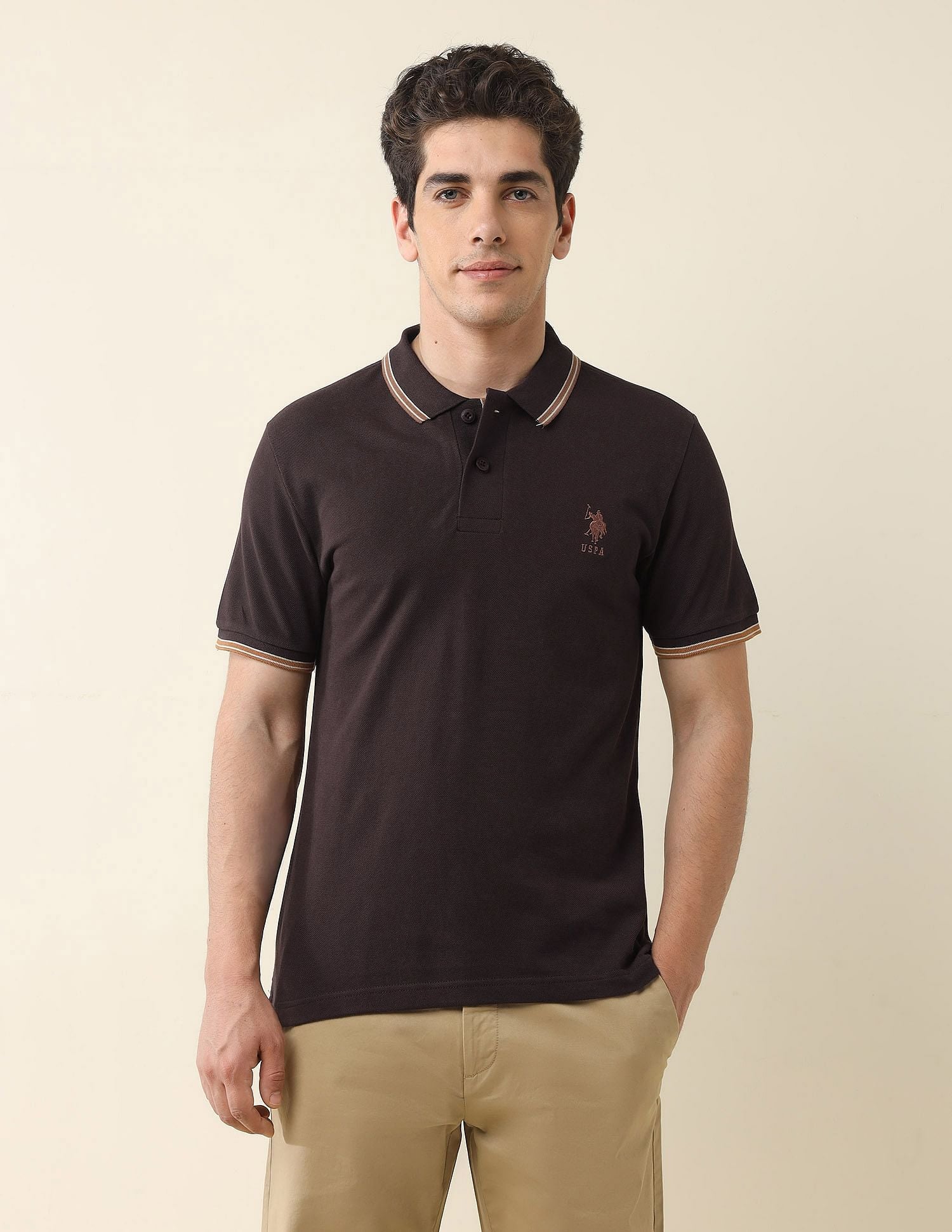 Slim Fit Solid Polo Shirt Dark Brown - U.S. Polo Assn. India | Large