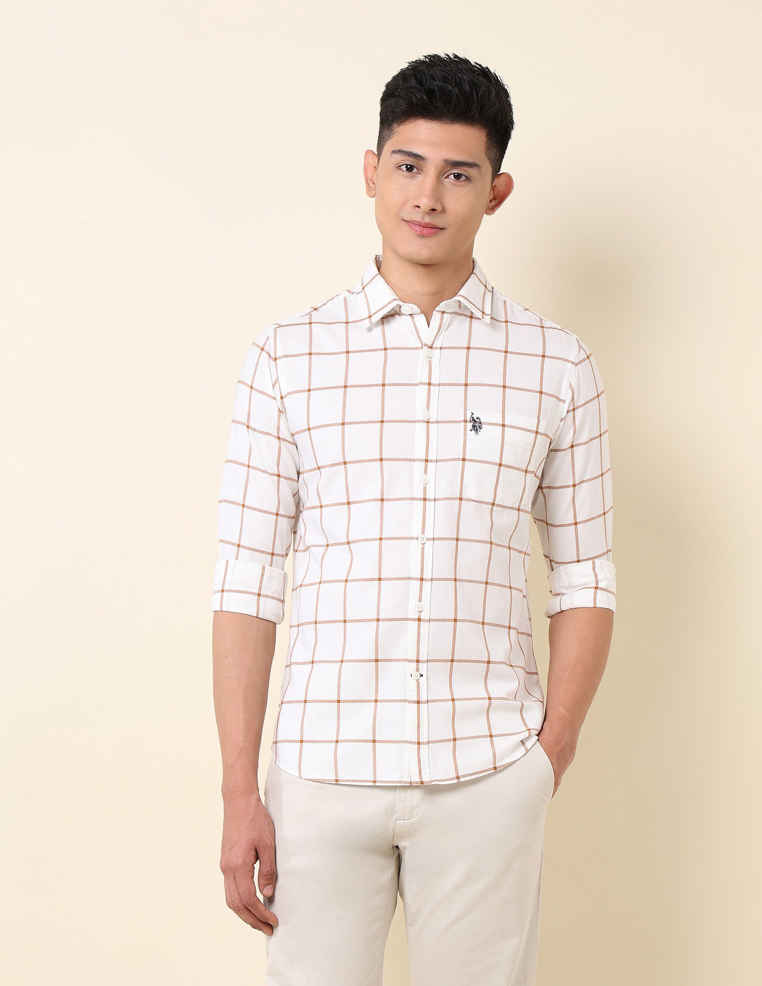 Pure Cotton Windowpane Checked Shirt Orange - U.S. Polo Assn. India | Large