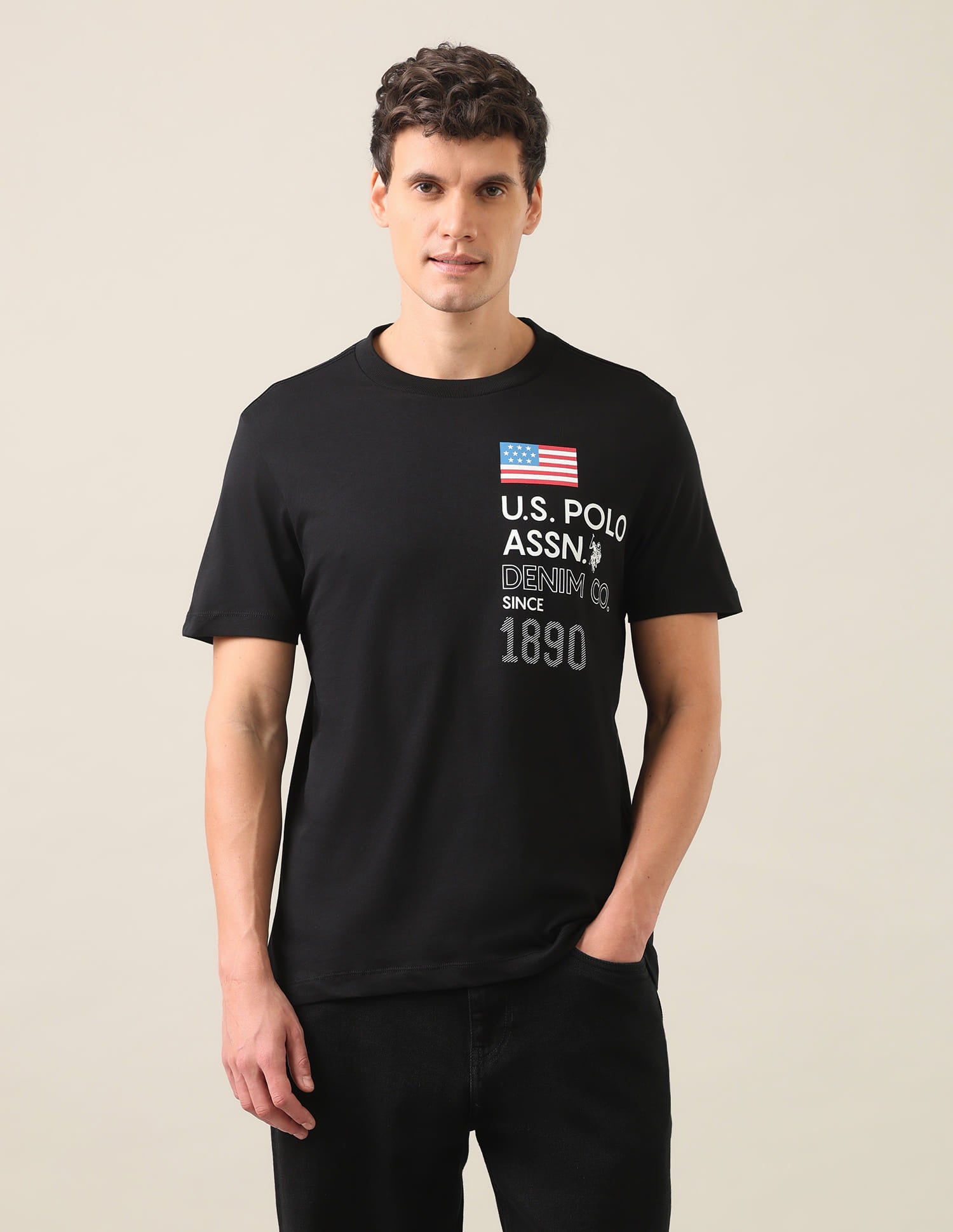 Typographic Brand Printed Regular Fit T-Shirt Black - U.S. Polo Assn. India | Large