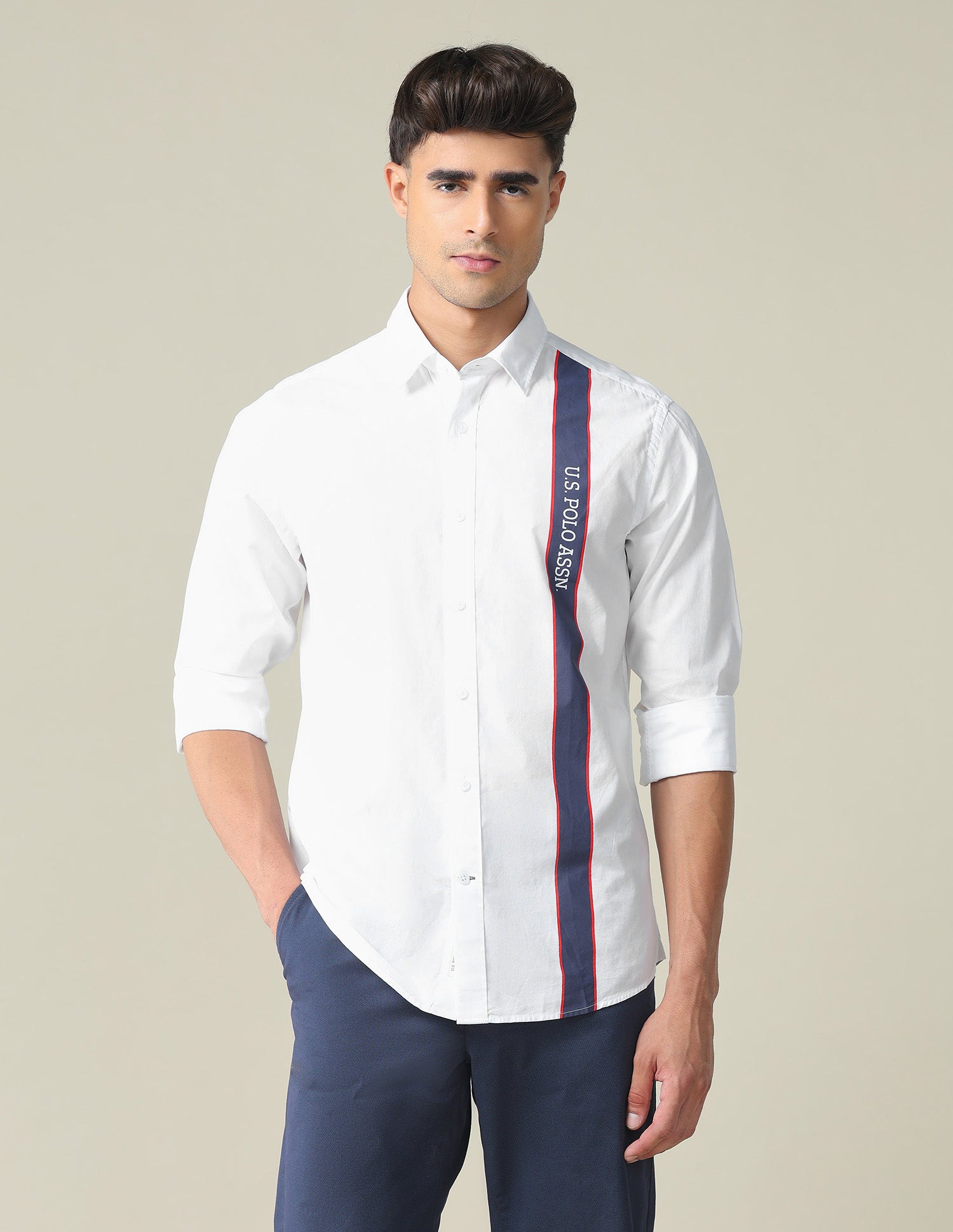 Vertical Stripe Cotton Shirt White - U.S. POLO ASSN. | Large