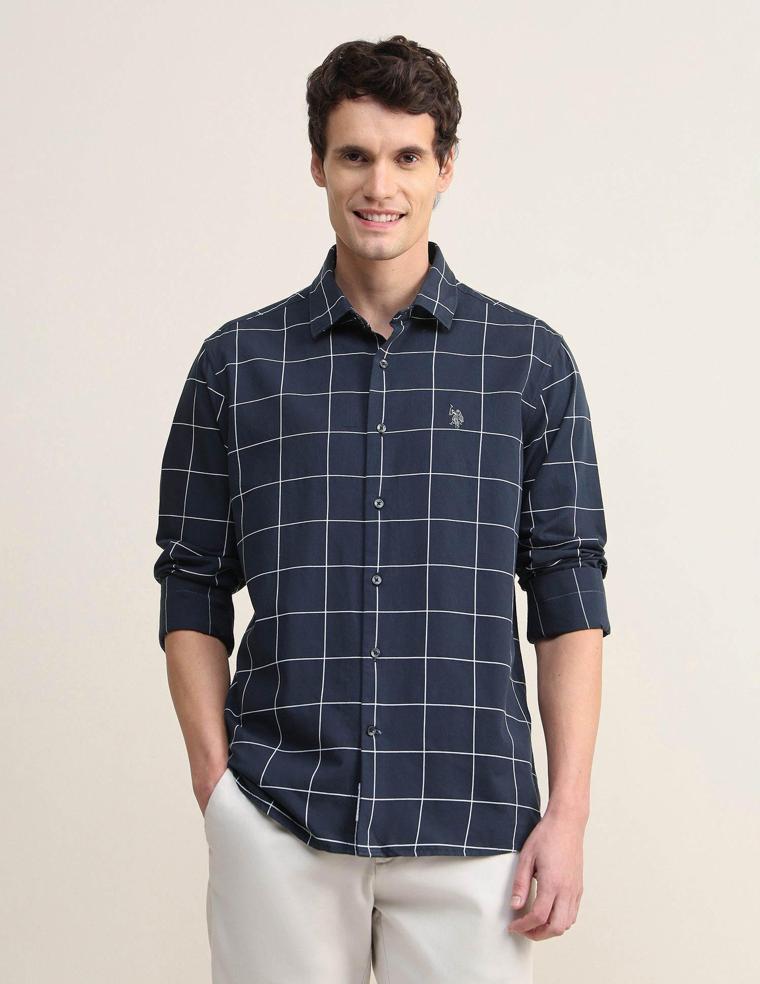 Windowpane Checked Twill Shirt Navy - U.S. Polo Assn. India | Large