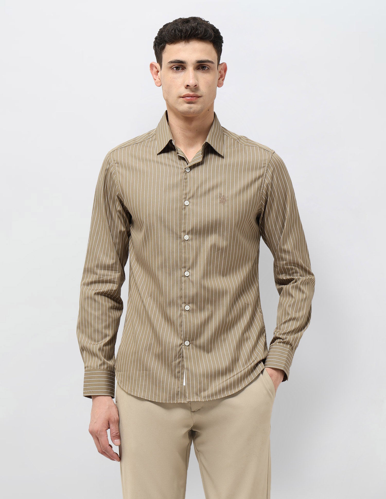 Tailored Fit Vertical Striped Shirt Khaki - U.S. Polo Assn. India | Large