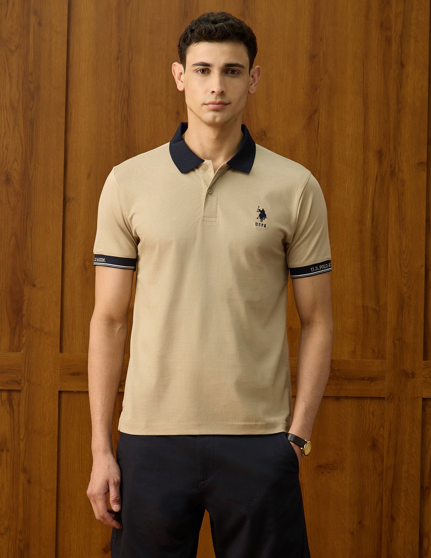 Textured Equestrian Aisle Theater Polo Shirt Light Brown - U.S. Polo Assn. India | Large