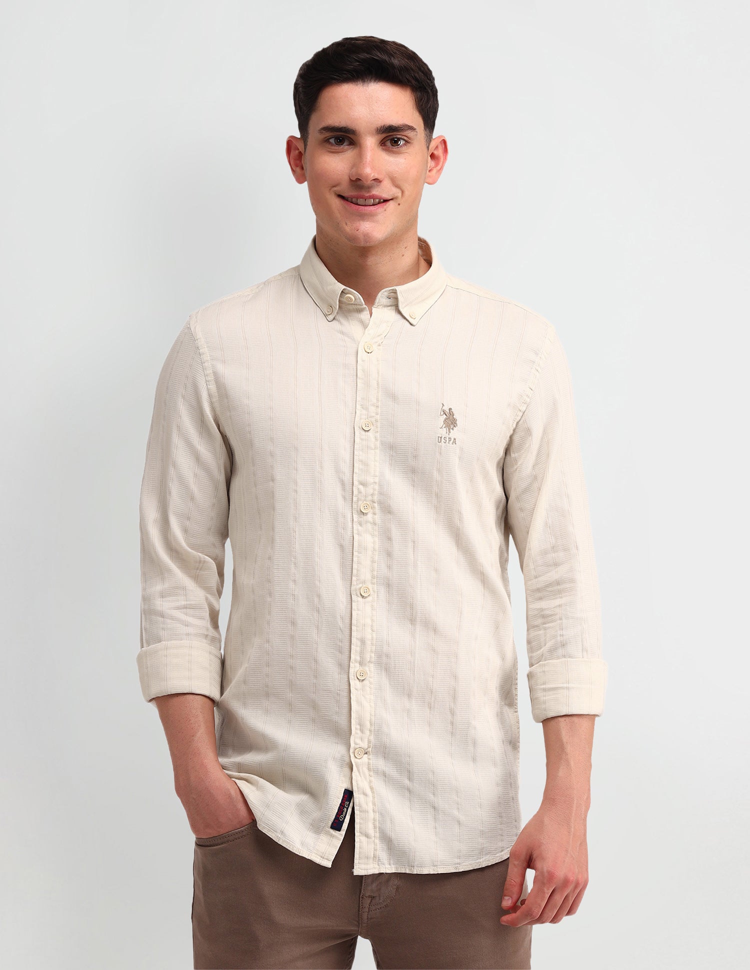 Vertical Striped Slim Fit Shirt Beige - U.S. Polo Assn. India | Large