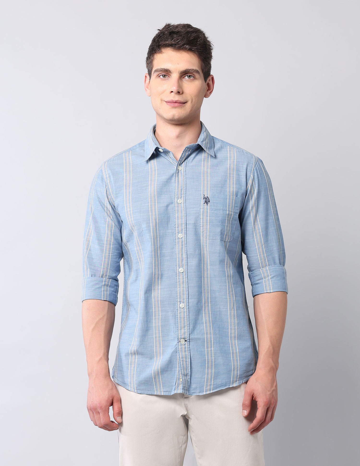Vertical Striped Pure Cotton Shirt Blue - U.S. Polo Assn. India | Large