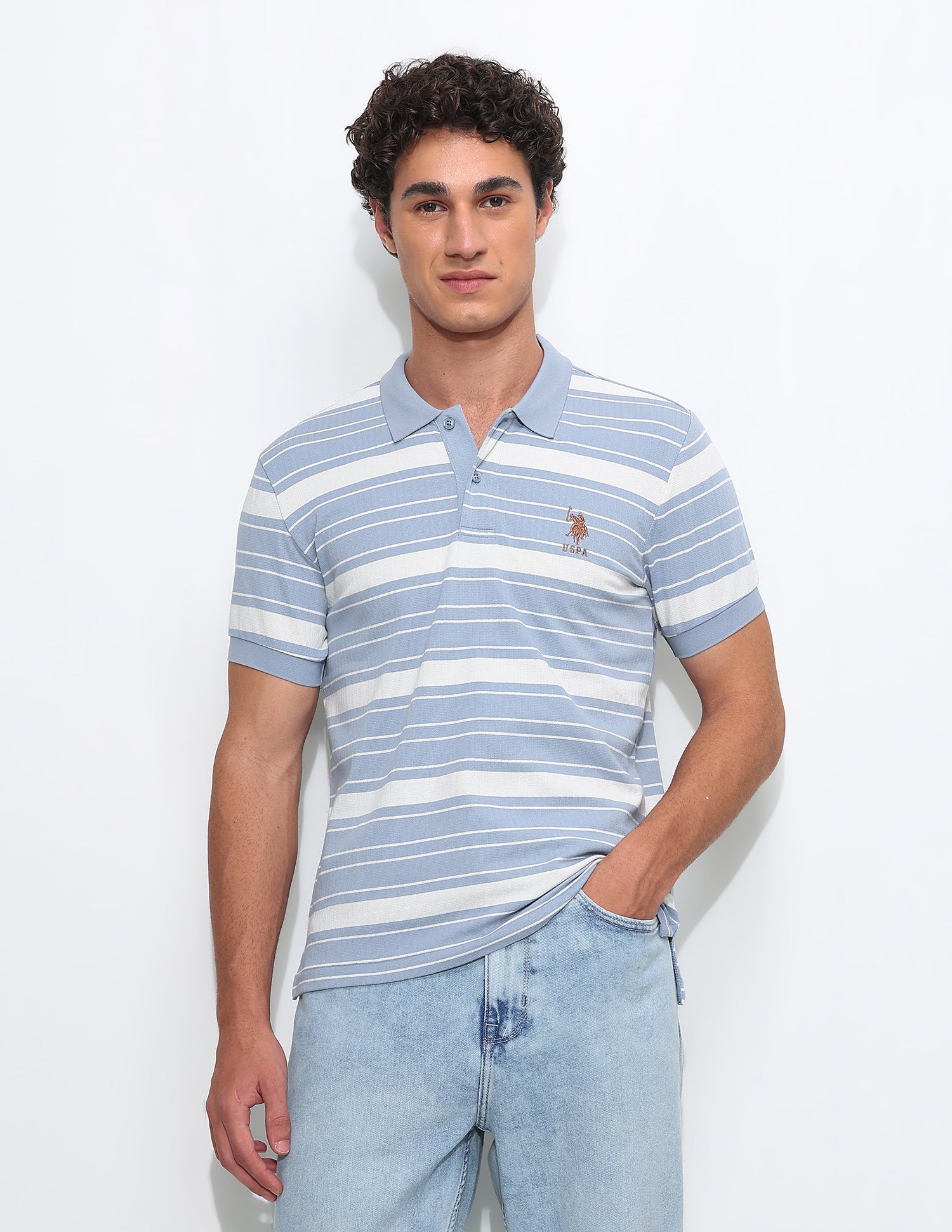 Horizontal Striped Slim Fit Polo Shirt Blue - U.S. Polo Assn. India | Large