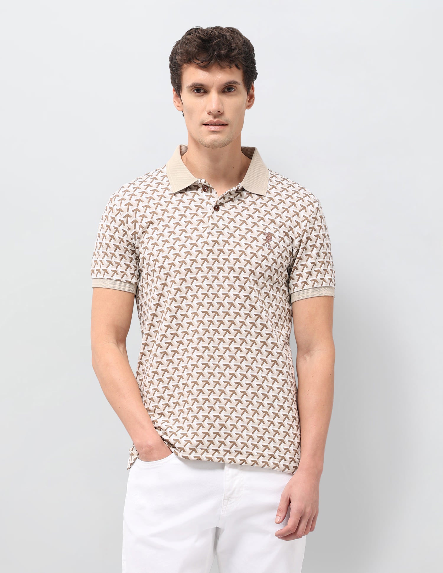 Geometric Printed Slim Fit Polo Shirt Beige - U.S. Polo Assn. India | Large