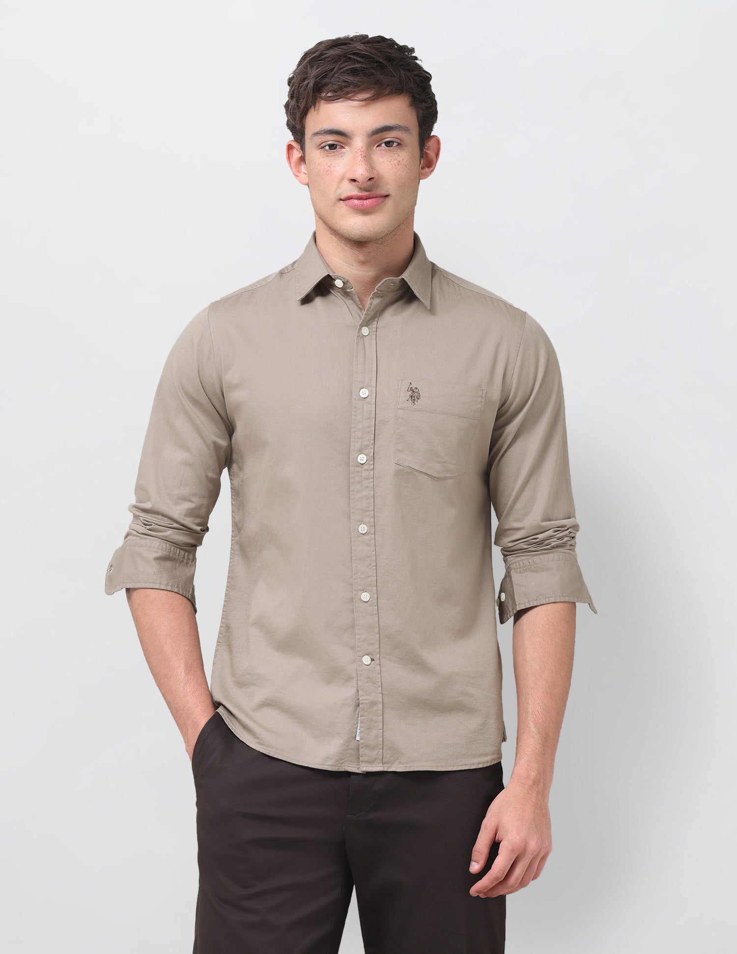 Tailored Fit Twill Shirt Light Olive - U.S. Polo Assn. India | Large