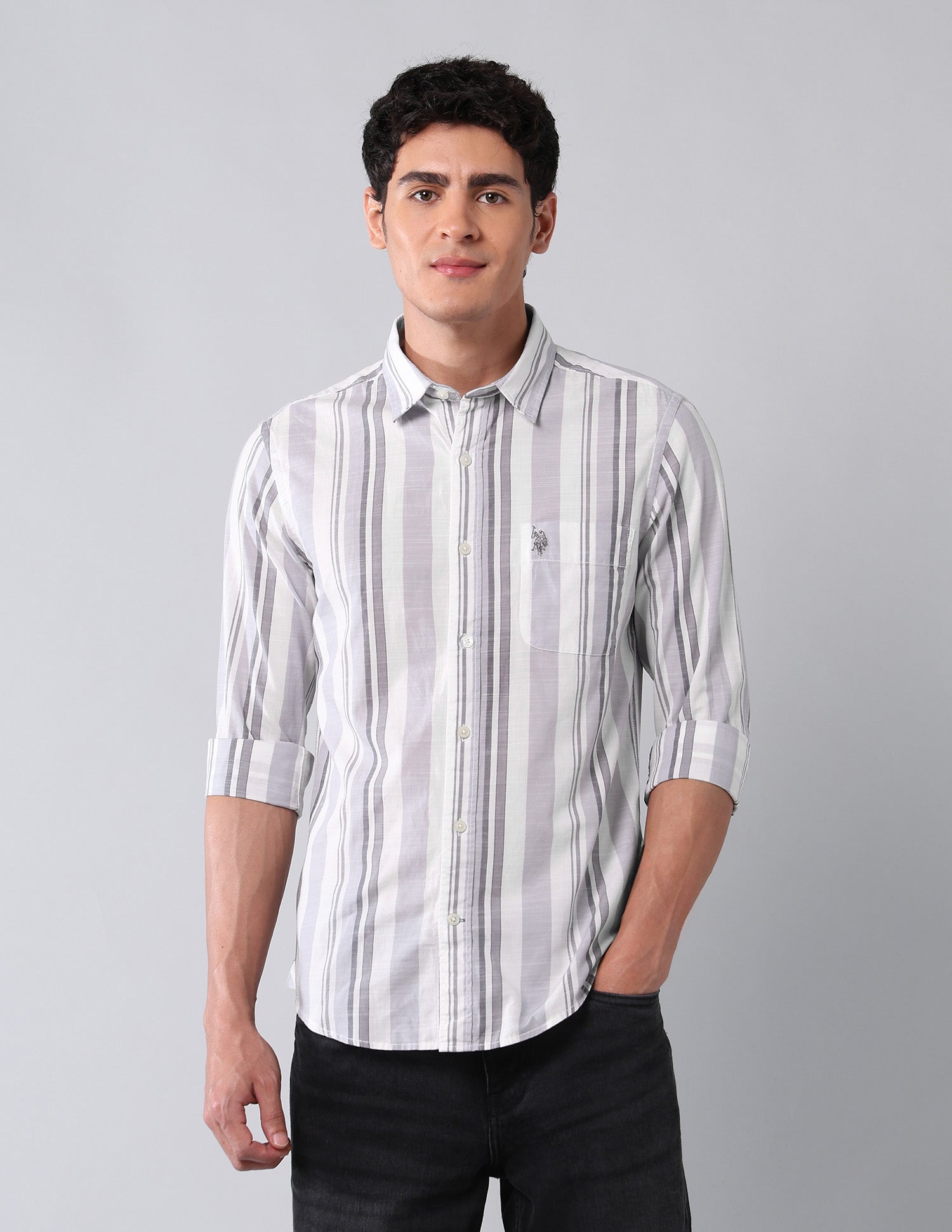 Vertical Striped Pure Cotton Shirt Grey - U.S. Polo Assn. India | Large