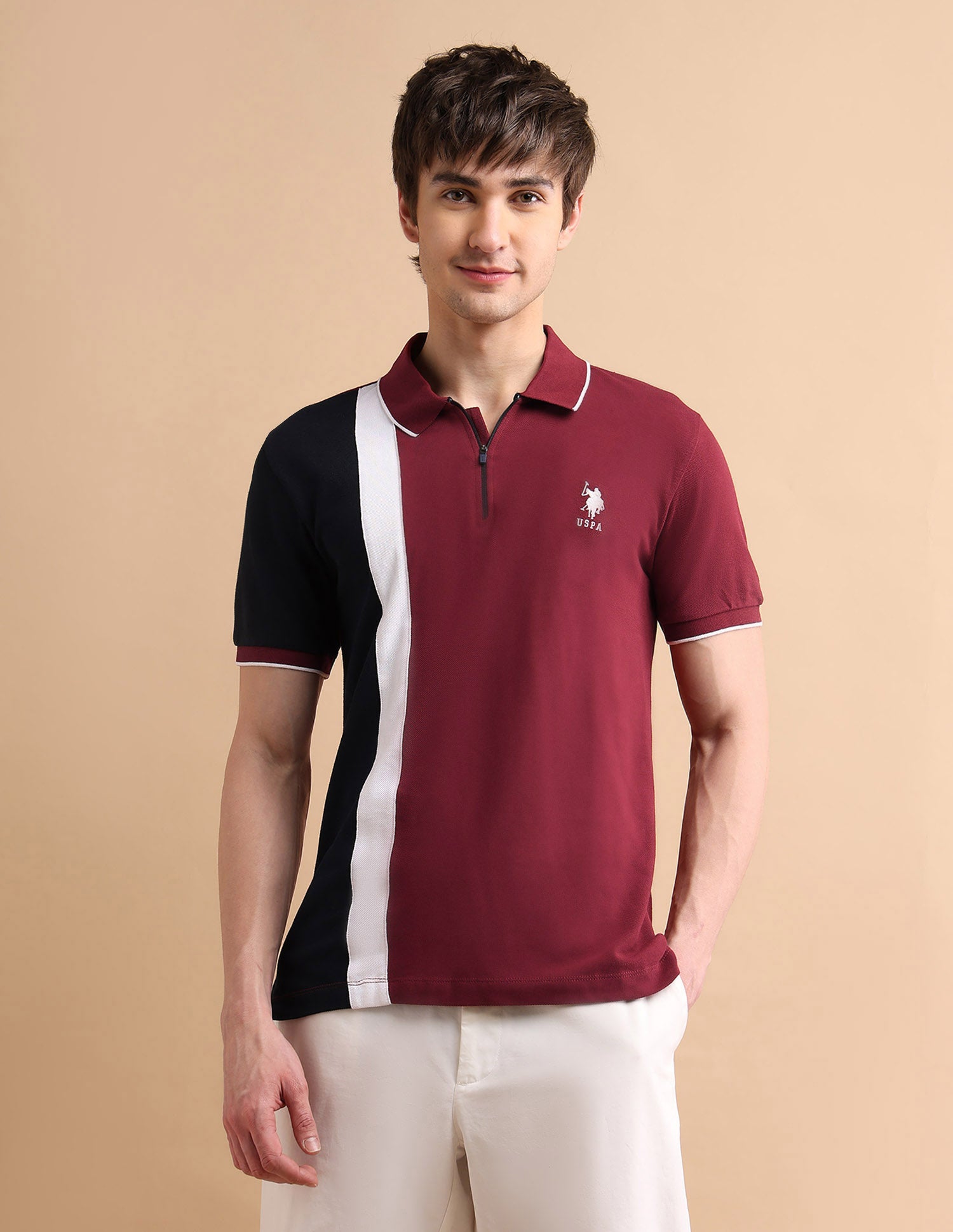 Colour Block Zipper Polo Shirt Maroon - U.S. POLO ASSN. | Large