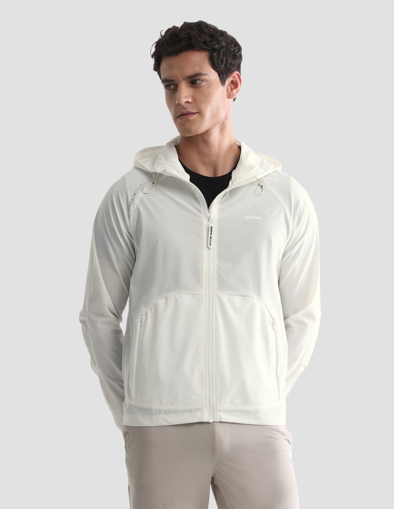 Solid Hooded Active Jacket Off White - U.S. Polo Assn. India | Large