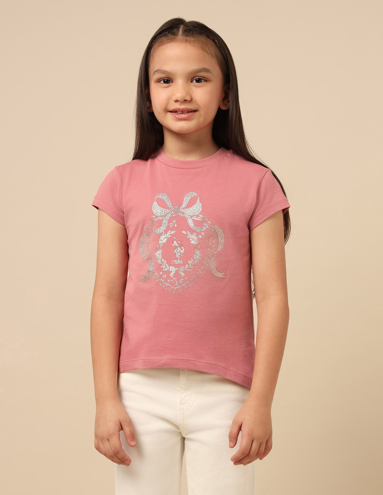 Girls Embellised Metallic Brand Printed Top Pink - U.S. POLO ASSN. | Large