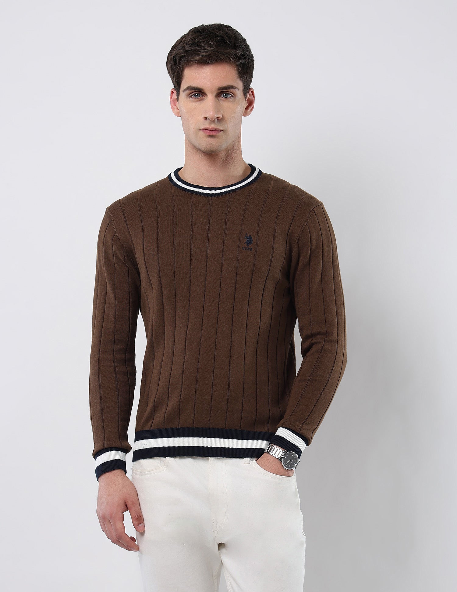 Vertical Striped Patterned Knit Sweater Brown - U.S. POLO ASSN. | Large