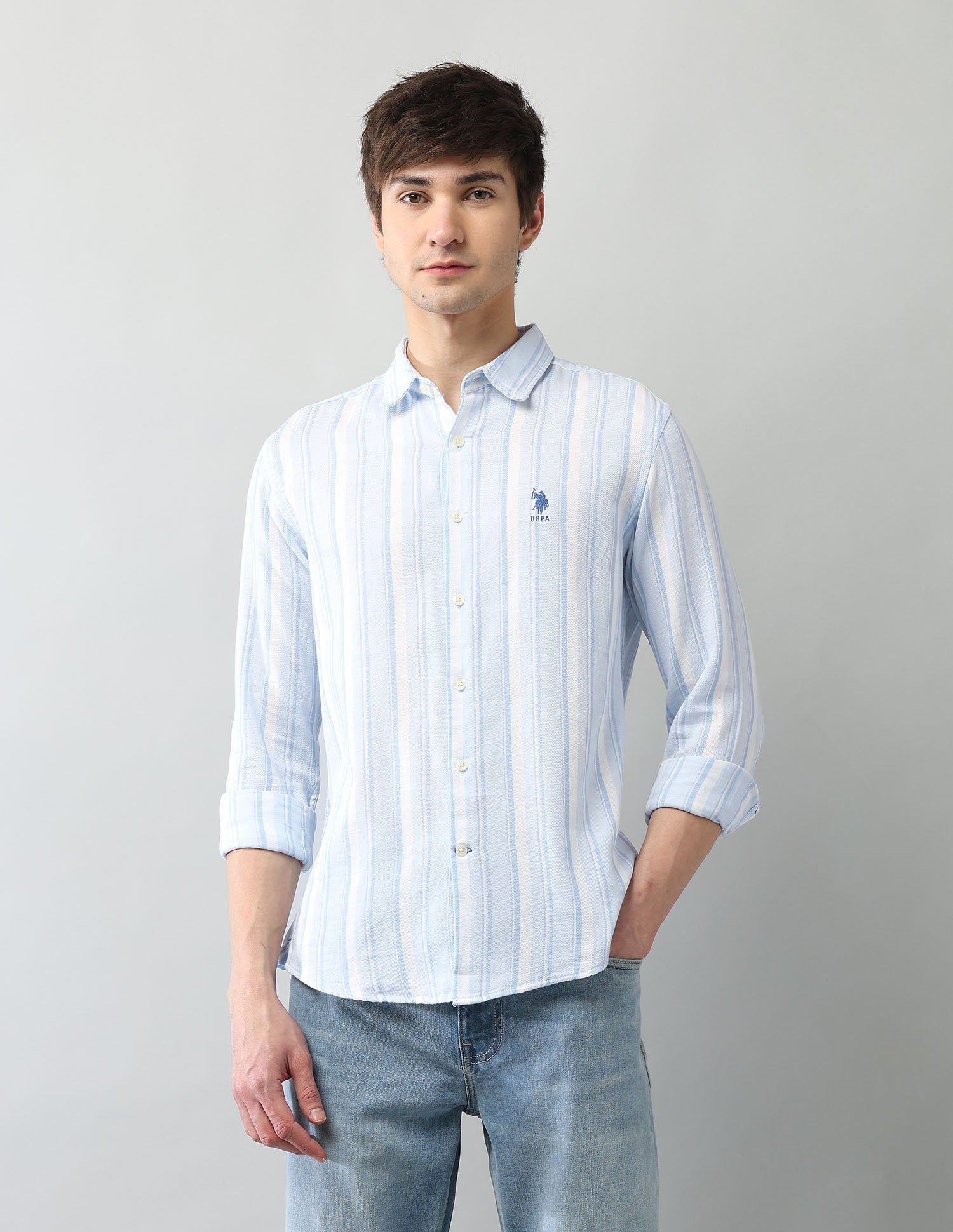 Vertical Striped Cotton Dobby Shirt Light Blue - U.S. Polo Assn. India | Large